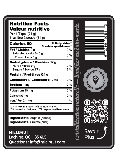 Nutrition facts label for a product with a QR code and contact information.