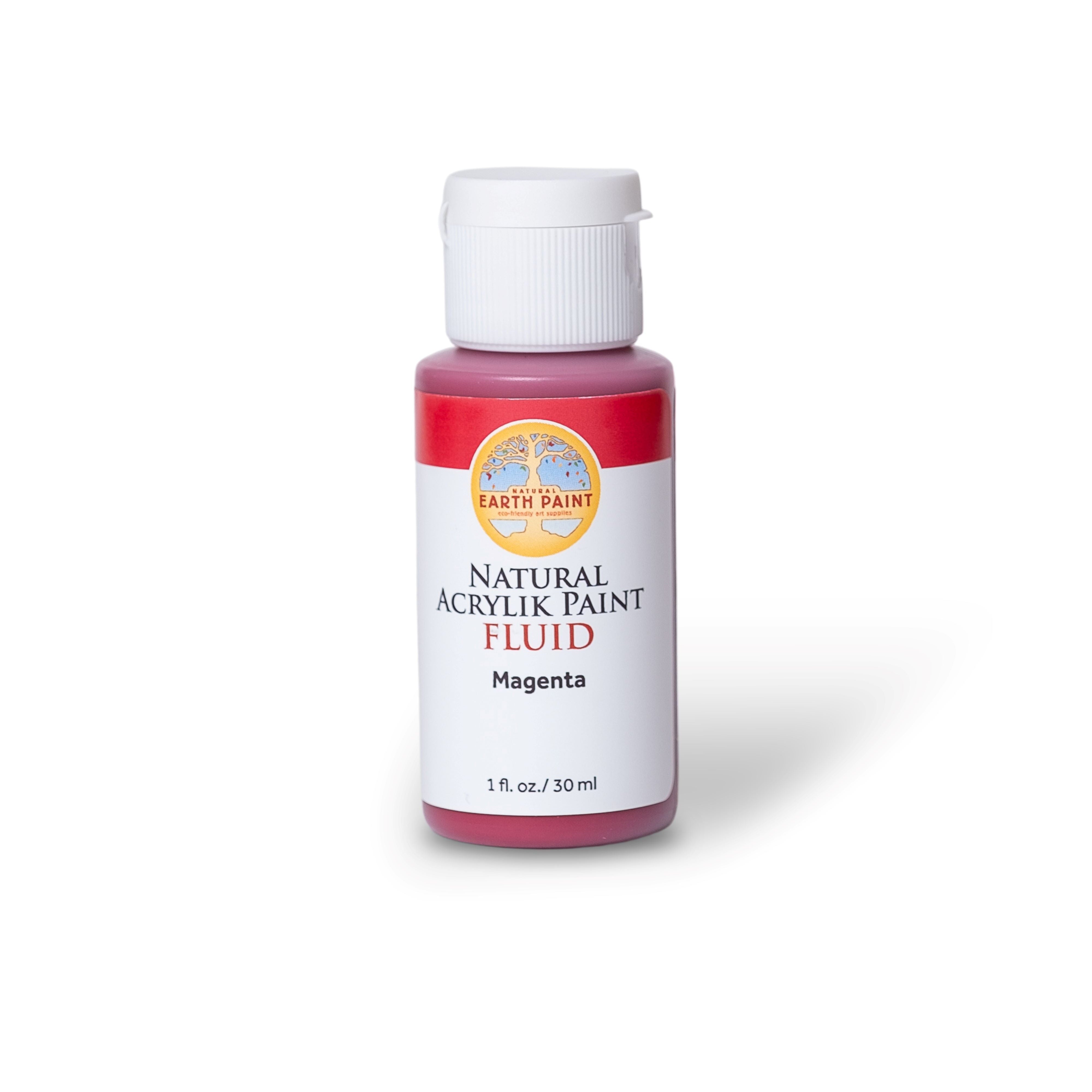 Bottle of Natural Acrylic Paint Fluid in Magenta on a white background