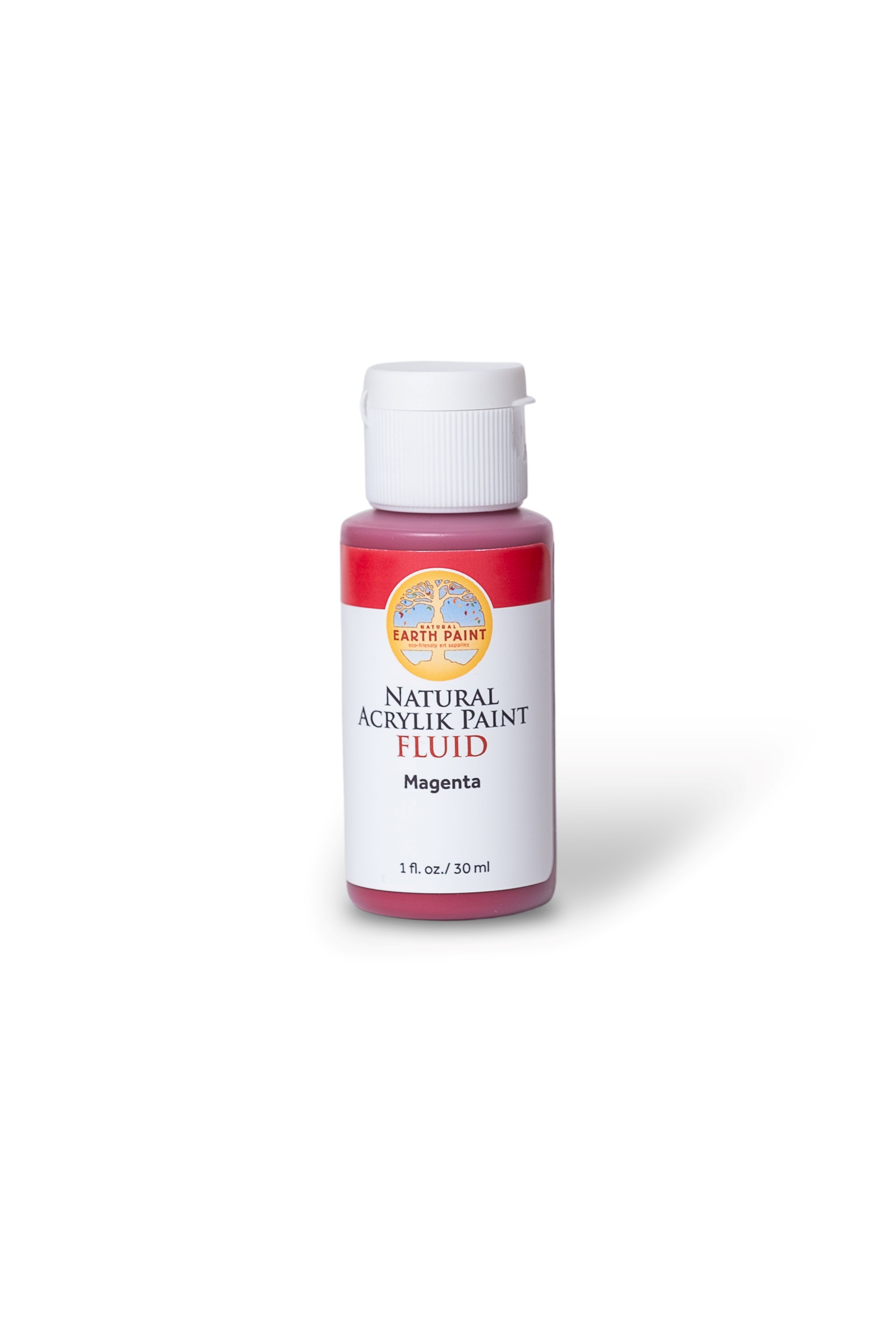 Bottle of Natural Acrylic Paint Fluid in Magenta on a white background