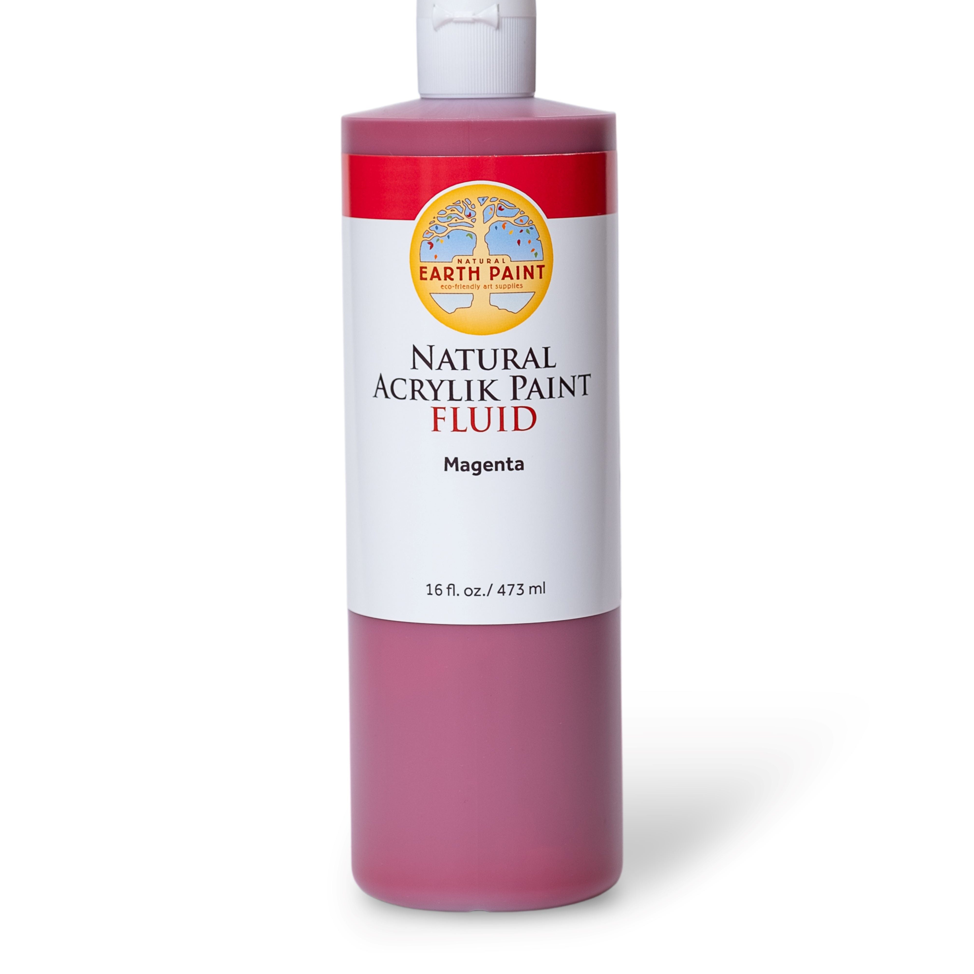 Bottle of Earth Paint natural acrylic paint fluid in magenta on a white background