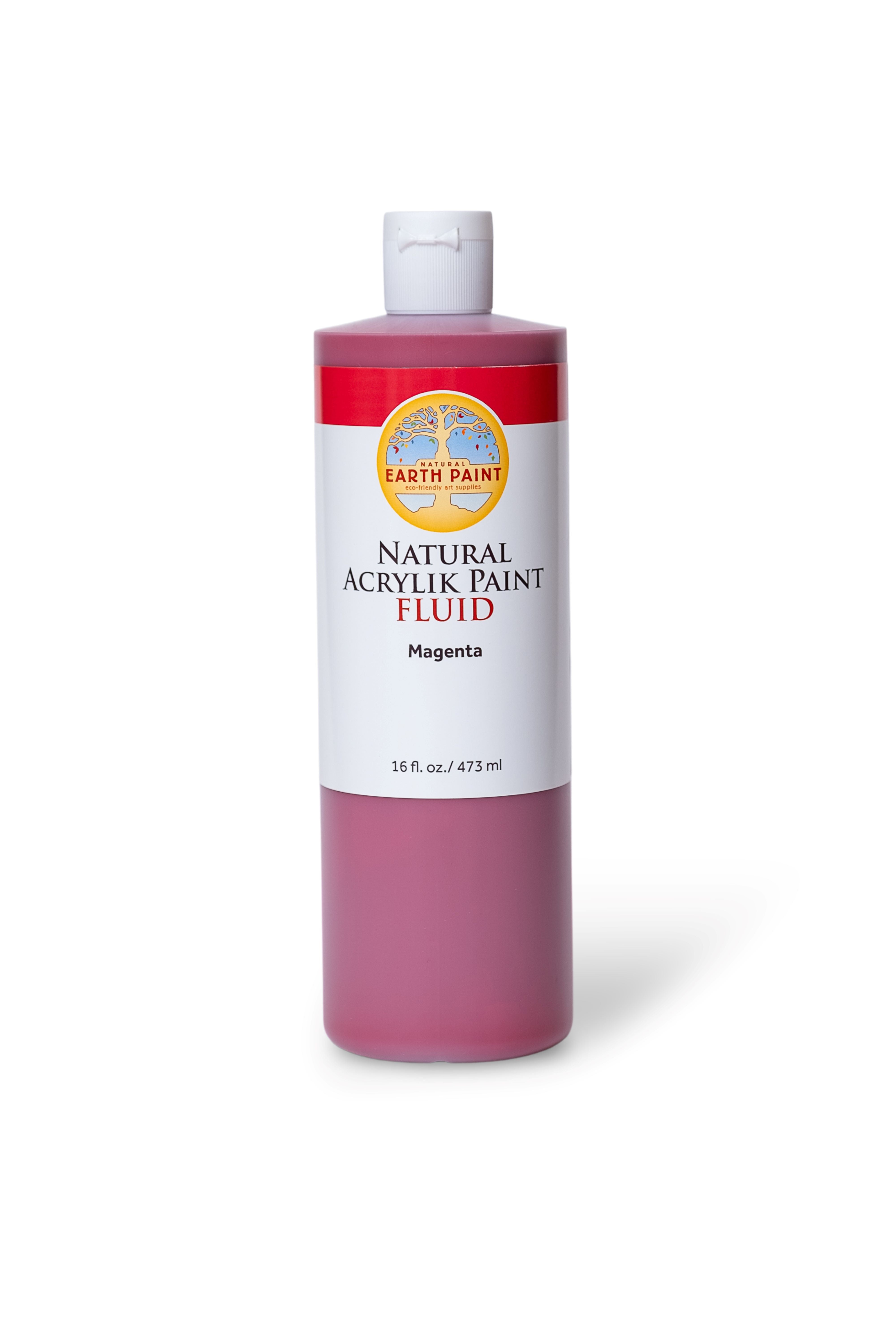 Bottle of Earth Paint natural acrylic paint fluid in magenta on a white background