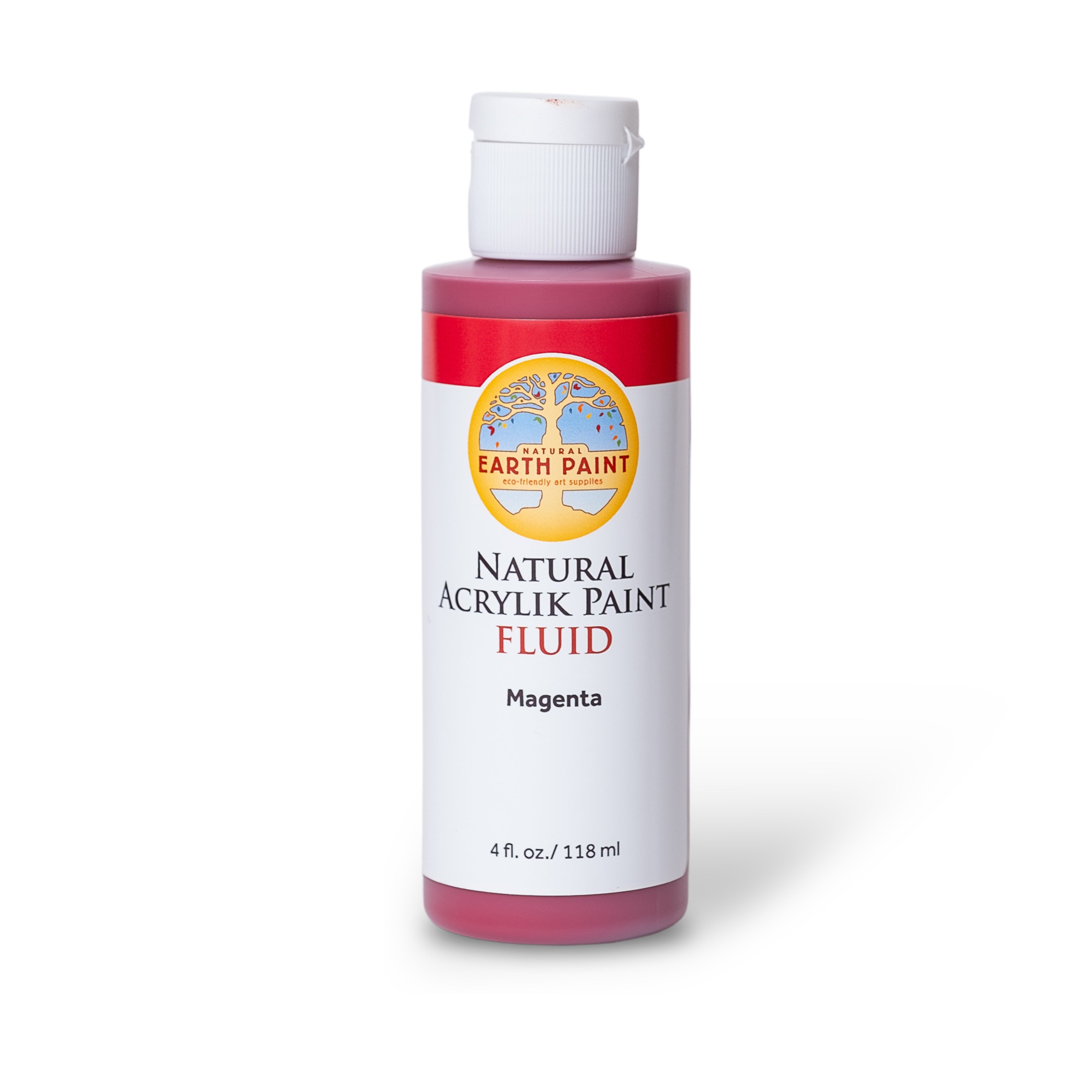 Bottle of Earth Paint natural acrylic paint fluid in magenta on a white background