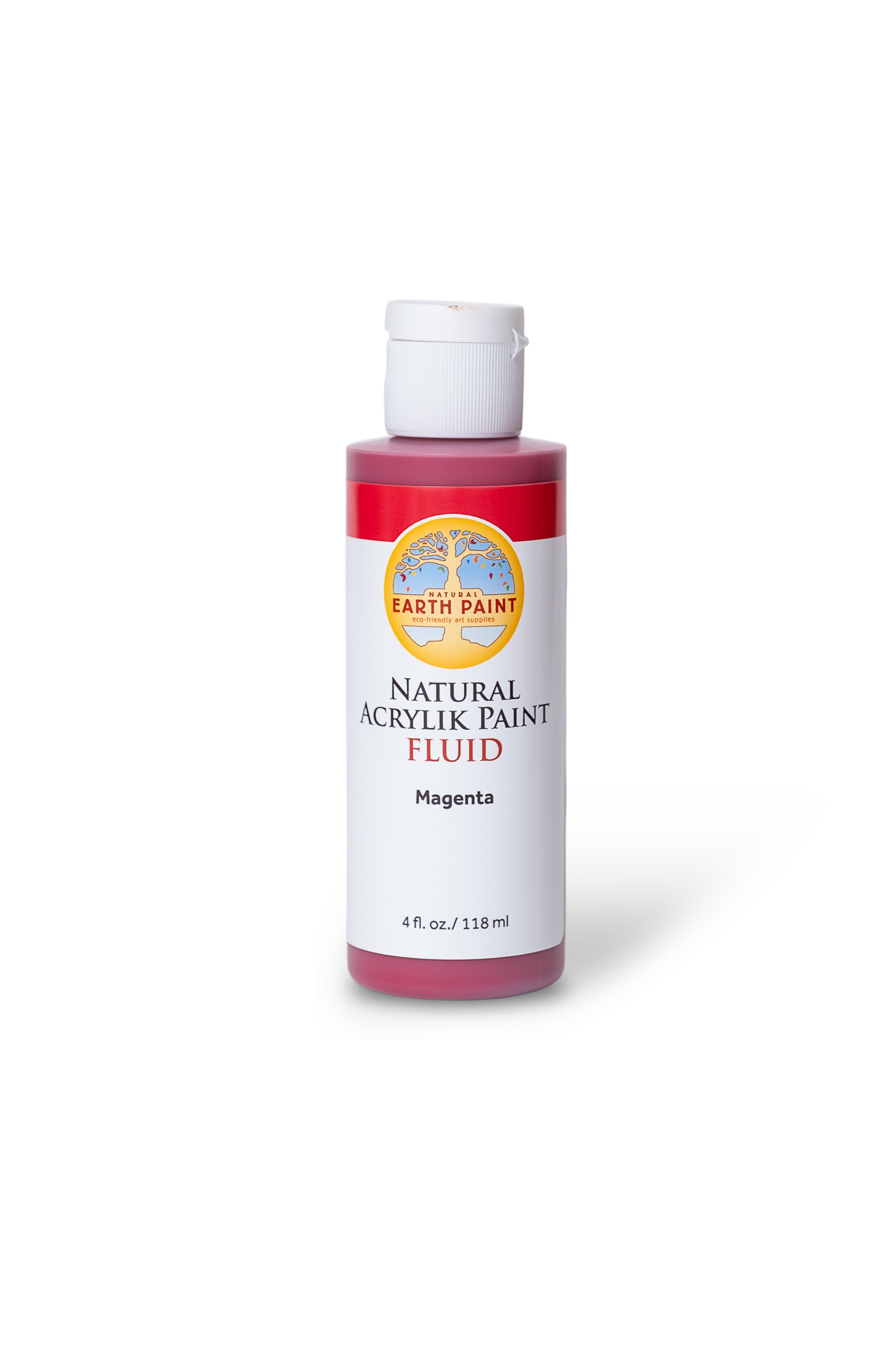 Bottle of Earth Paint natural acrylic paint fluid in magenta on a white background