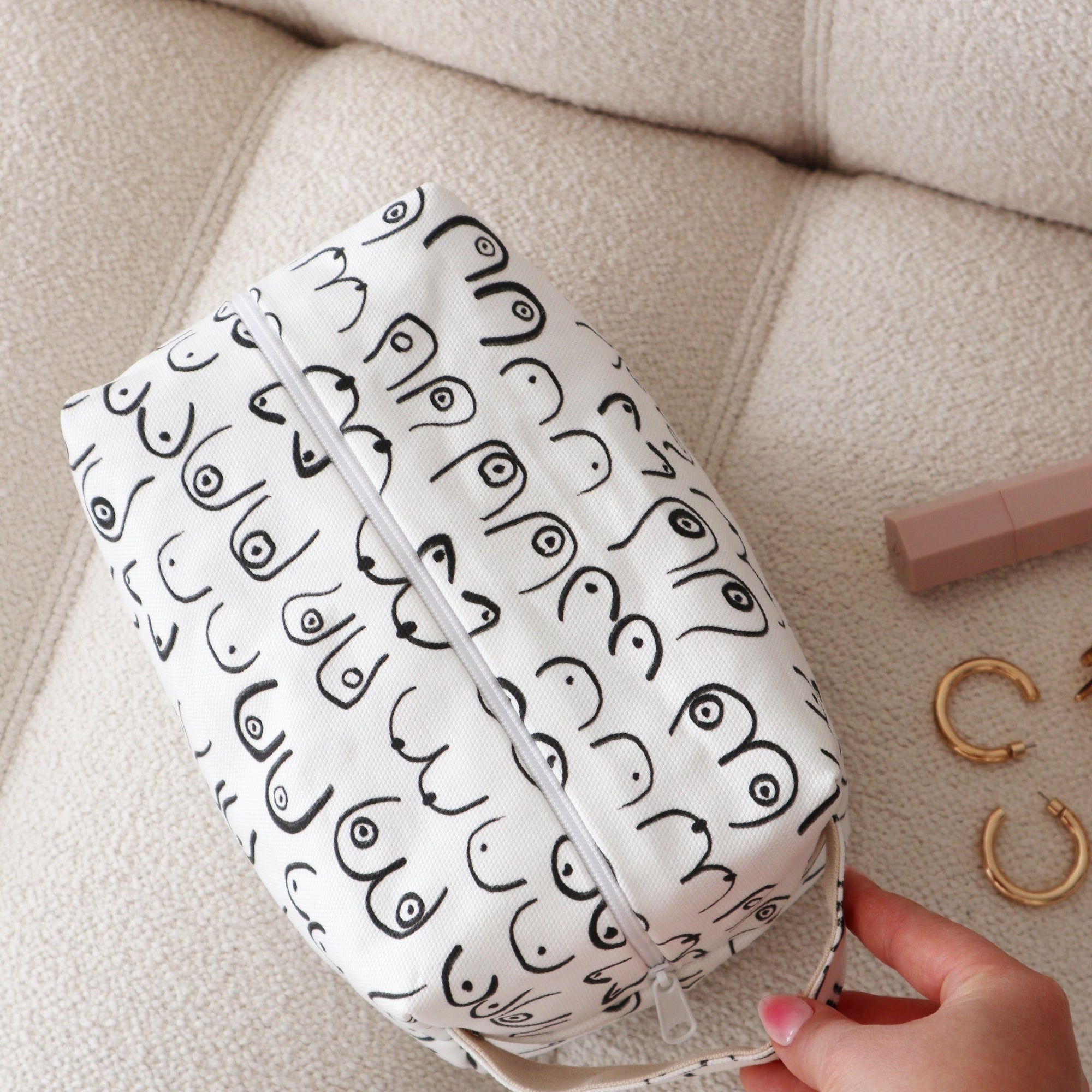 Woman Series Cotton Canvas Makeup Bag Handmade in Toronto by Freon Collective, the Woman Series makeup bag organizes cosmetics and travel essentials top view
