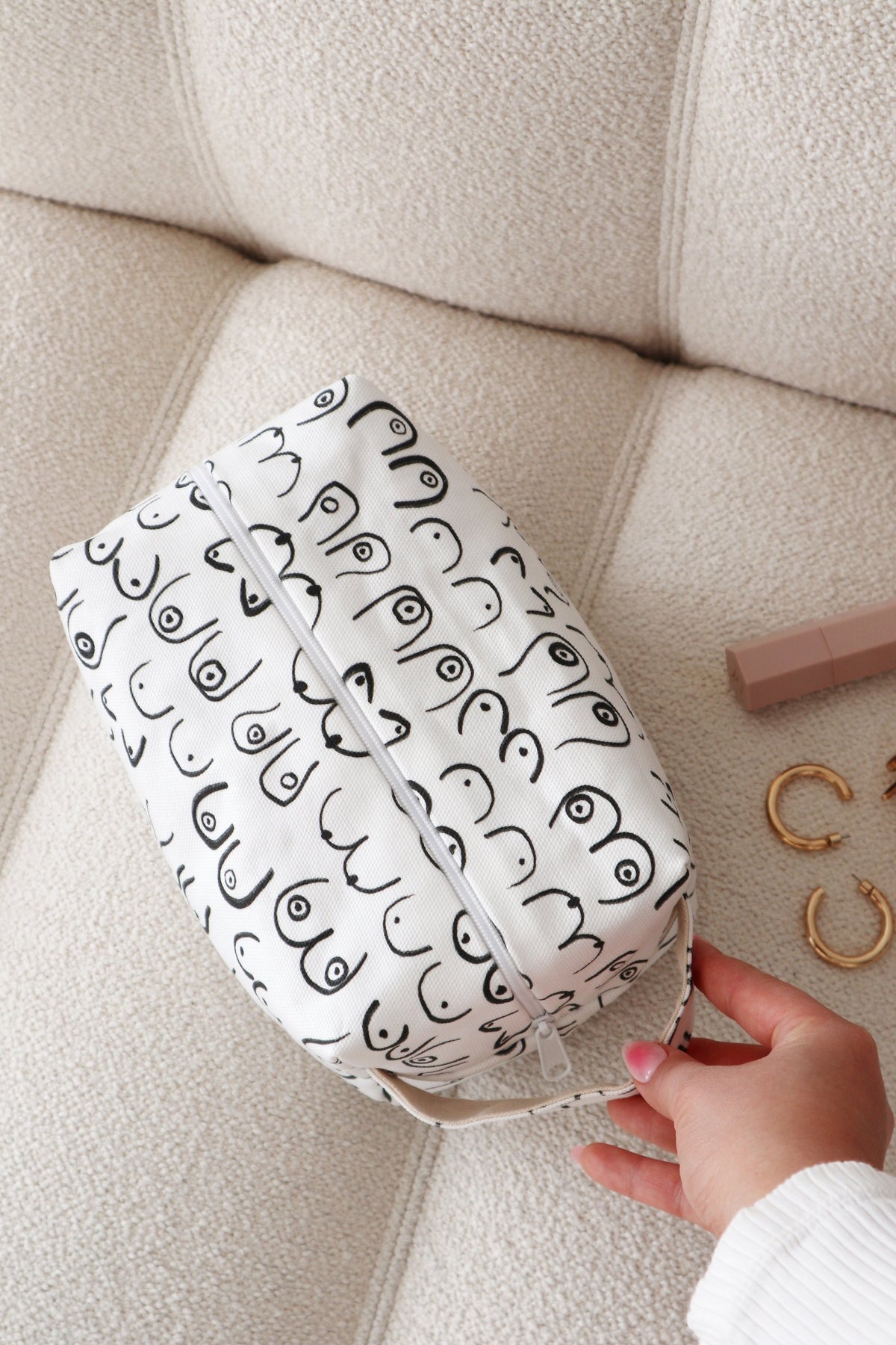 Woman Series Cotton Canvas Makeup Bag Handmade in Toronto by Freon Collective, the Woman Series makeup bag organizes cosmetics and travel essentials top view
