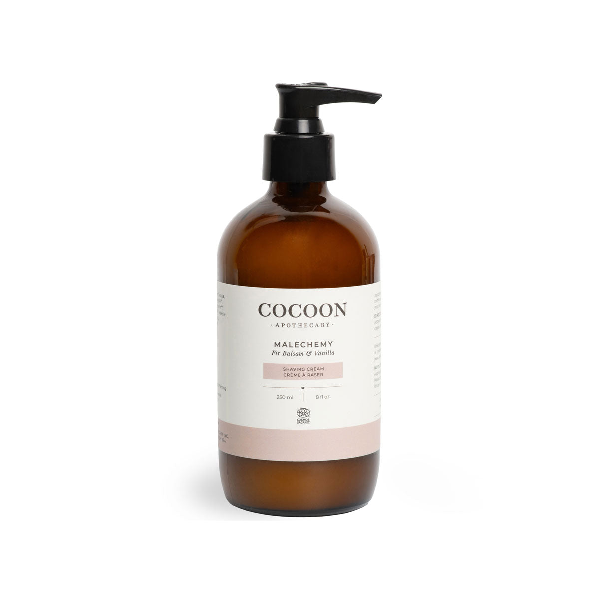 Amber bottle with pump labeled 'Cocoon' on a white background
