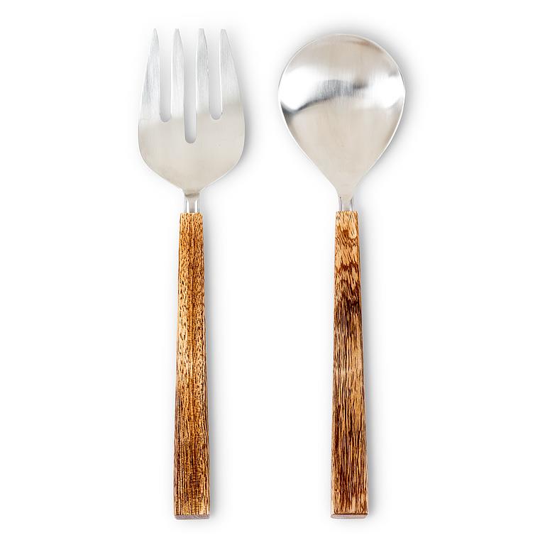 Fork and spoon with wooden handles on a white background
