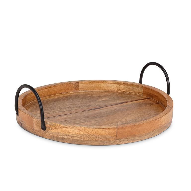 Wooden tray with black handles on a white background