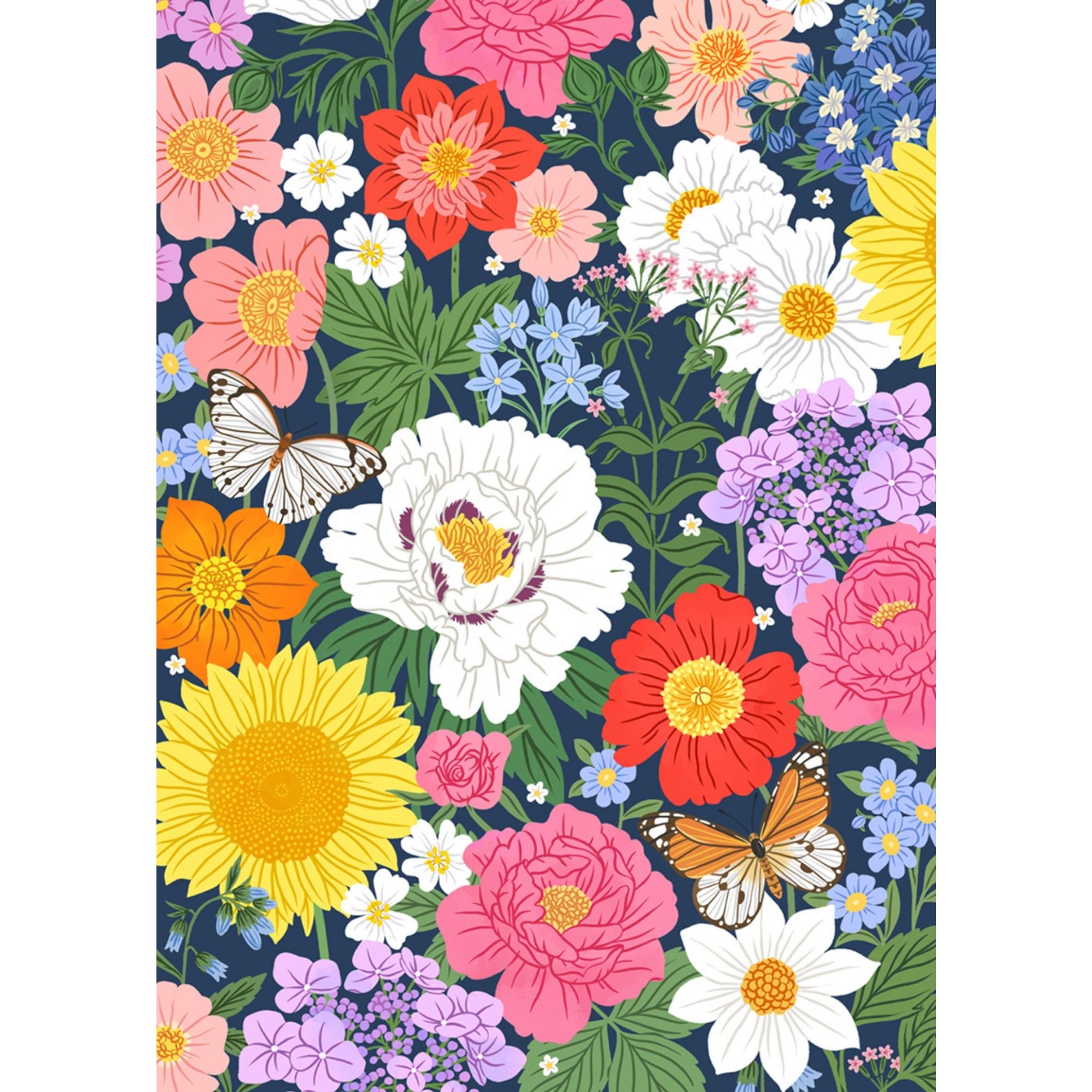 Villager 500 piece puzzle box with floral design on a purple background Midnight Blooms Floral pattern with colorful flowers and butterflies on a dark blue background