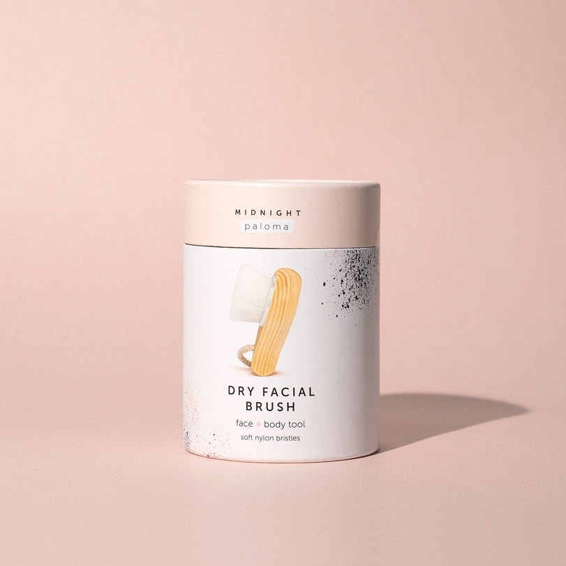 Vegan Dry Facial Brush packaging with soft nylon bristles for gentle exfoliation and boosted circulation.