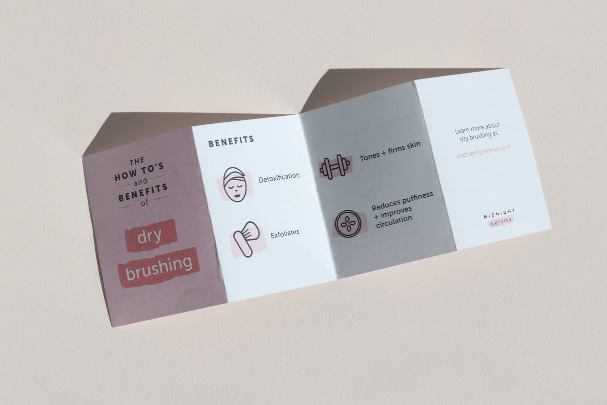 Pamphlet outlining the benefits of dry brushing, focusing on exfoliation, decongestion, and improved circulation.