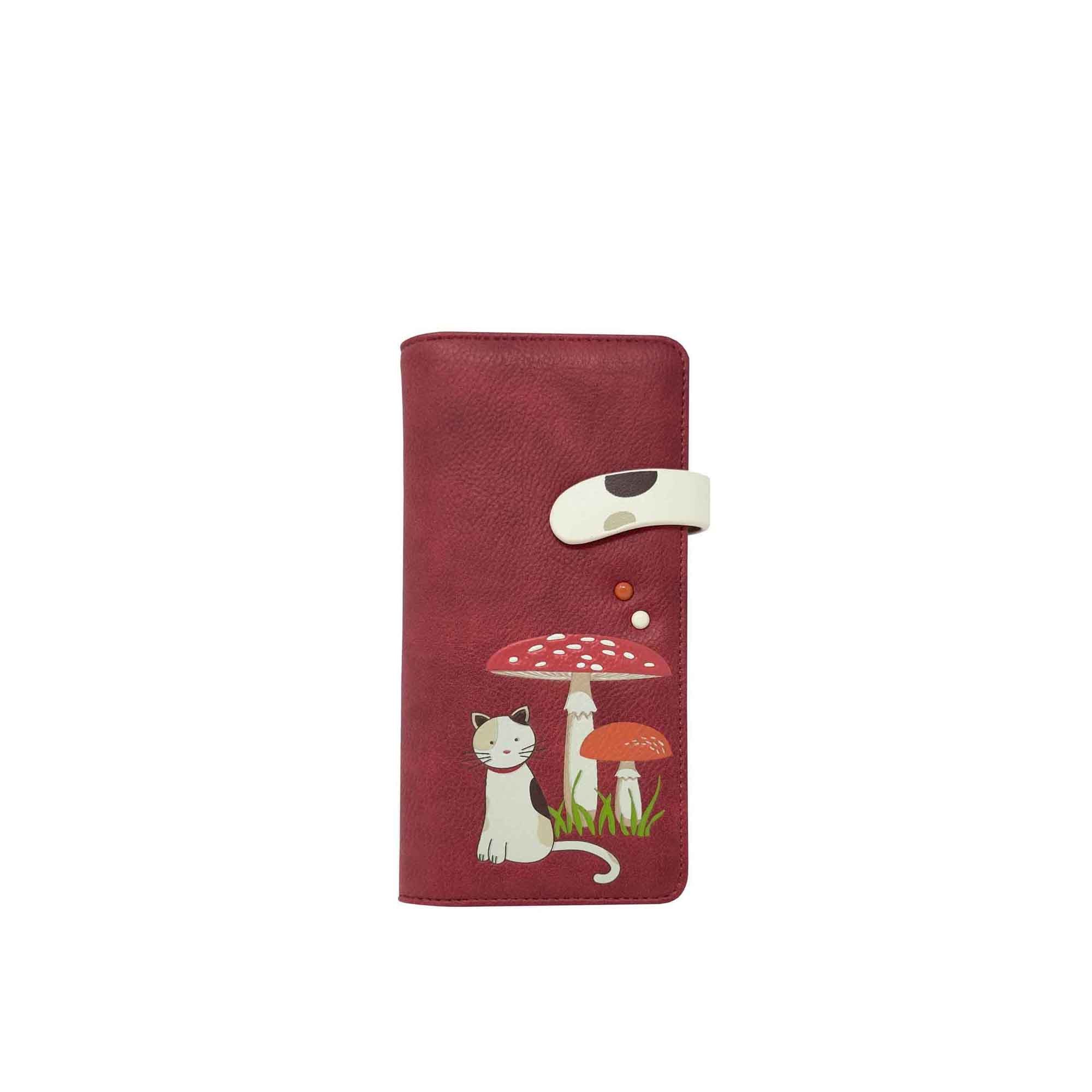 A Espe Vegan Corp burgundy faux-leather wallet featuring a whimsical design of a white cat sitting under a red and white spotted mushroom,