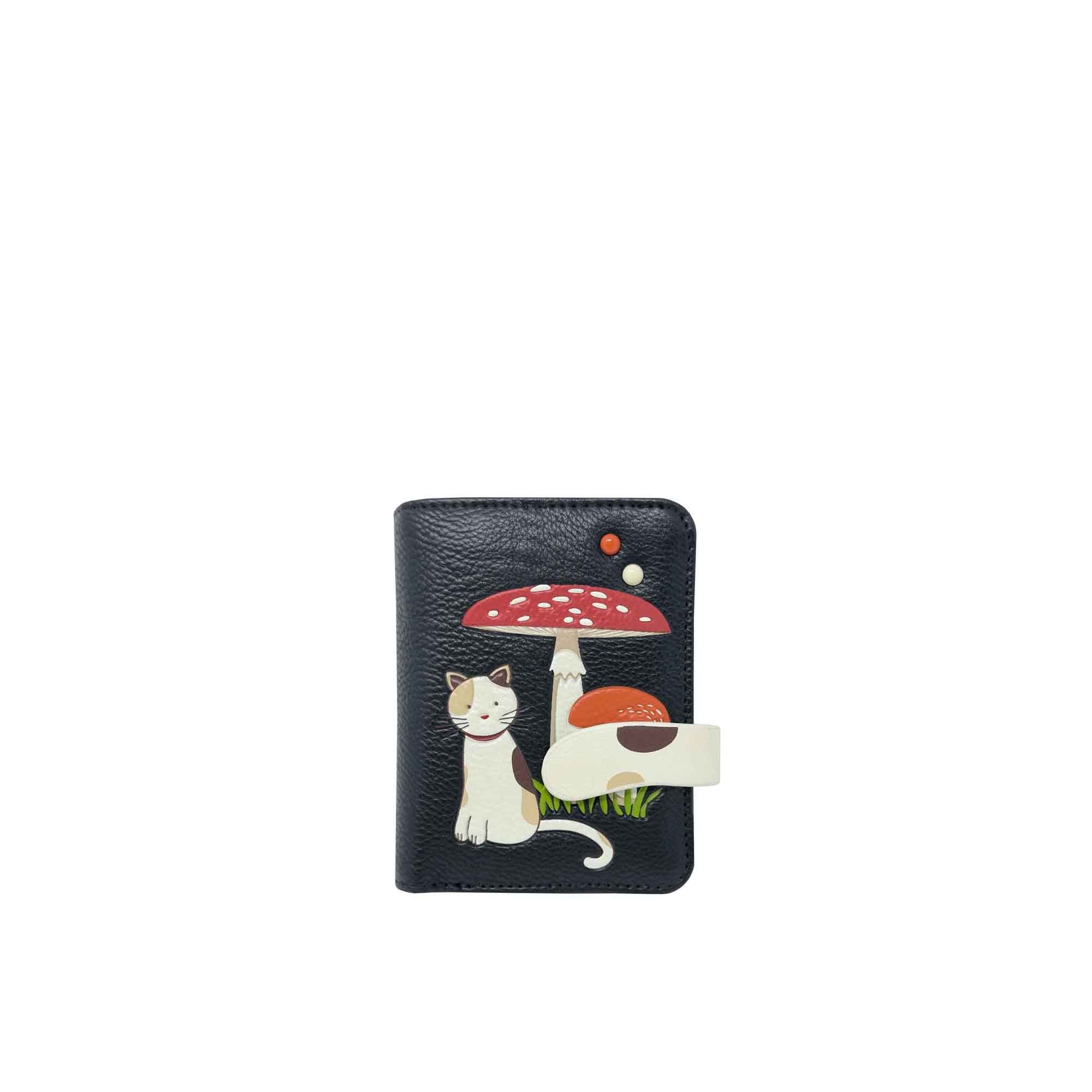 Espe Vegan Corp Black wallet with cat and mushroom design on a white background