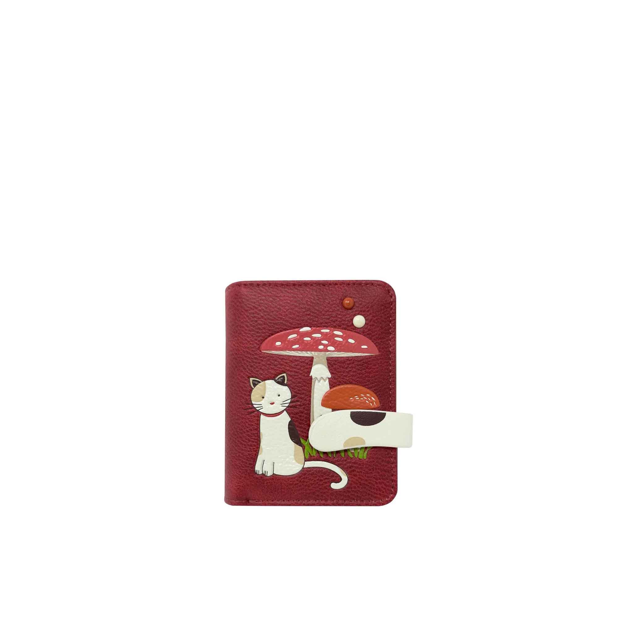 Espe Vegan Corp Red cardholder with cat and mushroom design on a white background