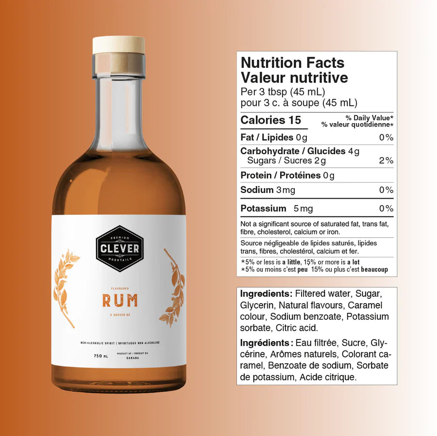 Bottle of 0% rum with a label displaying nutrition facts on an orange background