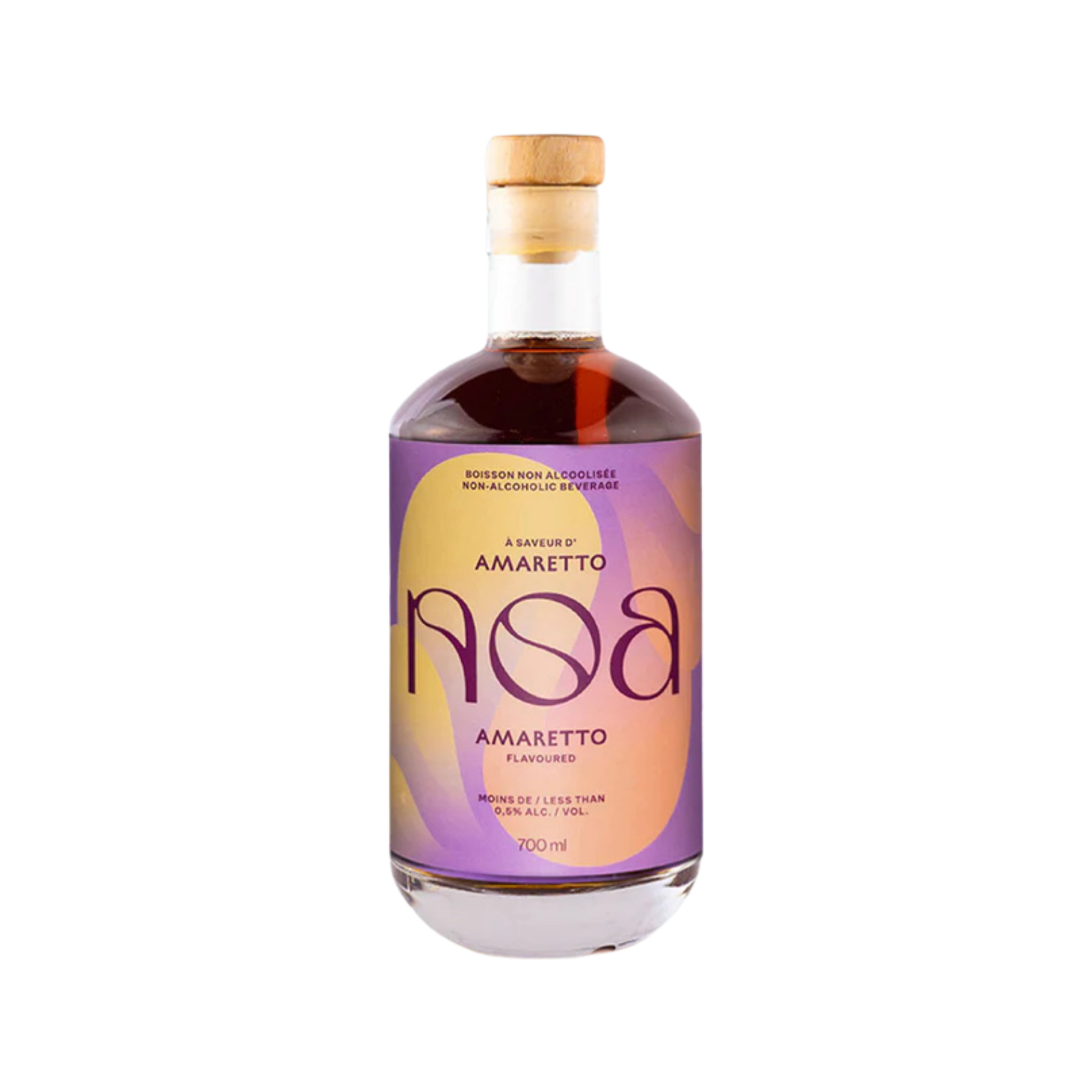 Bottle of Amaretto flavored non-alcoholic beverage on a white background