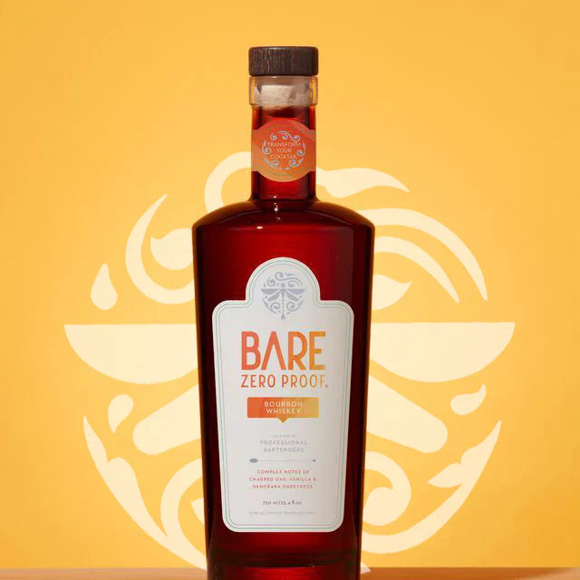 Bottle of Bare Zero Proof on a wooden surface with a yellow background  The Sobr Market