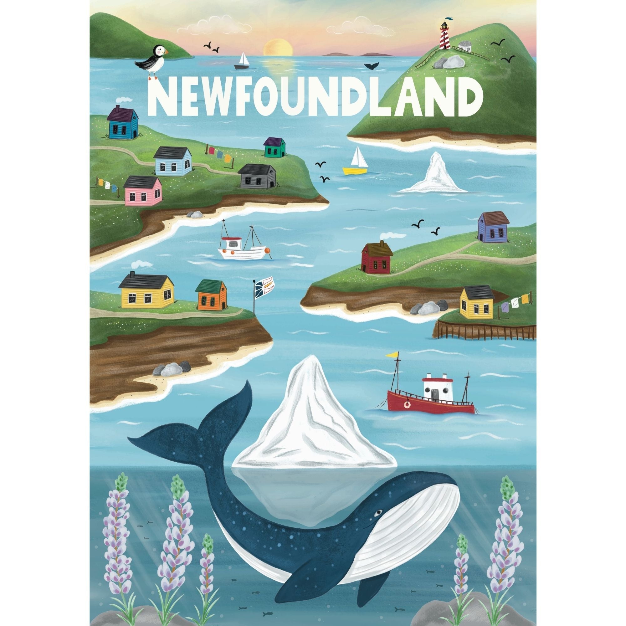 Villager Puzzles Newfoundland Sites – Full Artwork – Whales, Icebergs & Lupines by Denise Foley