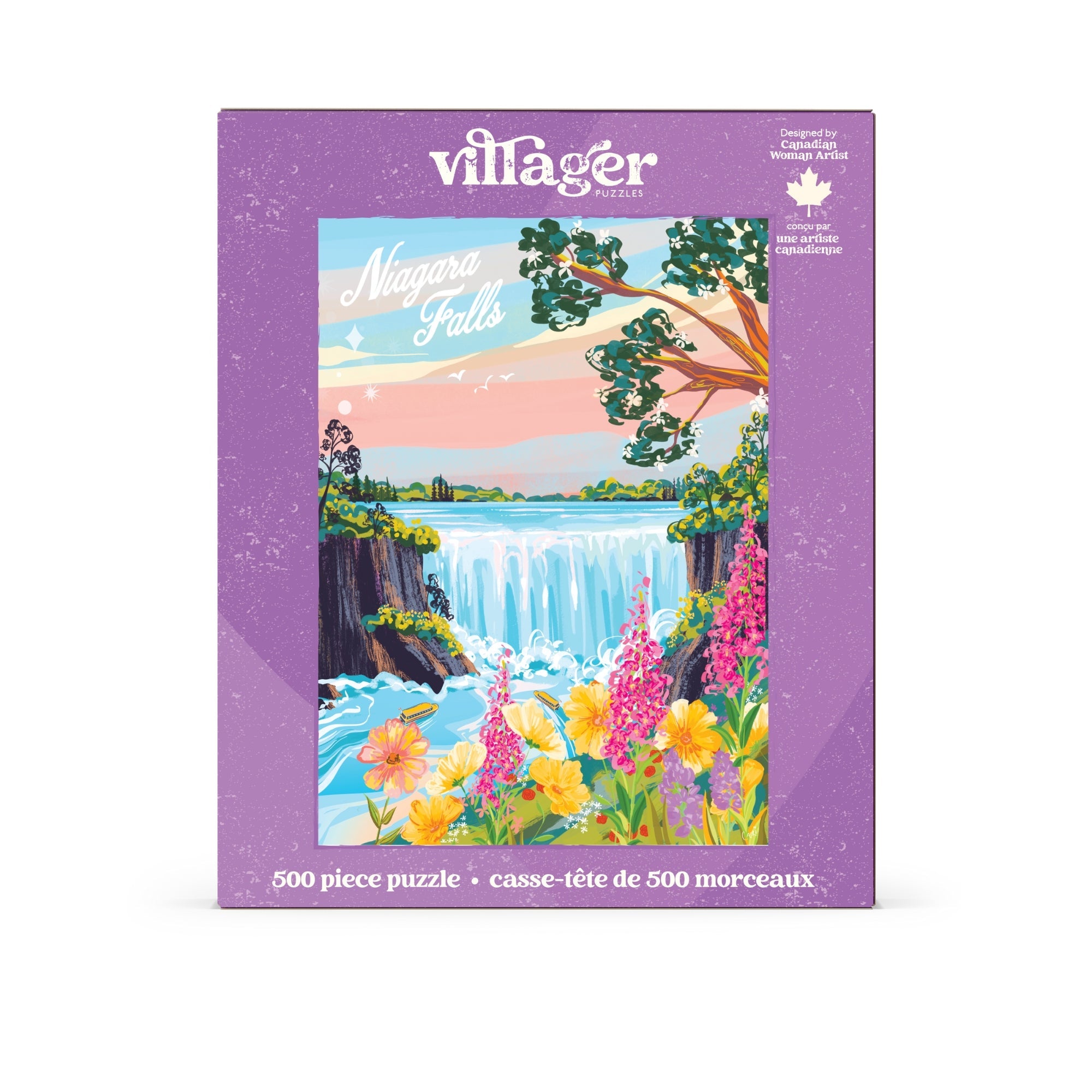 Villager puzzle box Niagara Falls | 500-Piece Puzzle for Adults with a scenic illustration of Niagara Falls on a white background
