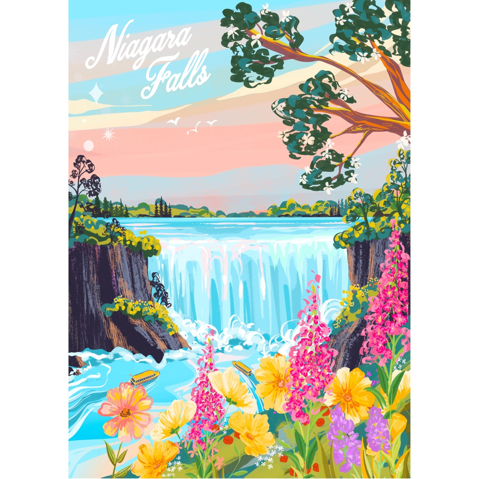 Colorful illustration of Niagara Falls with flowers and trees Niagara Falls | 500-Piece Puzzle for Adults