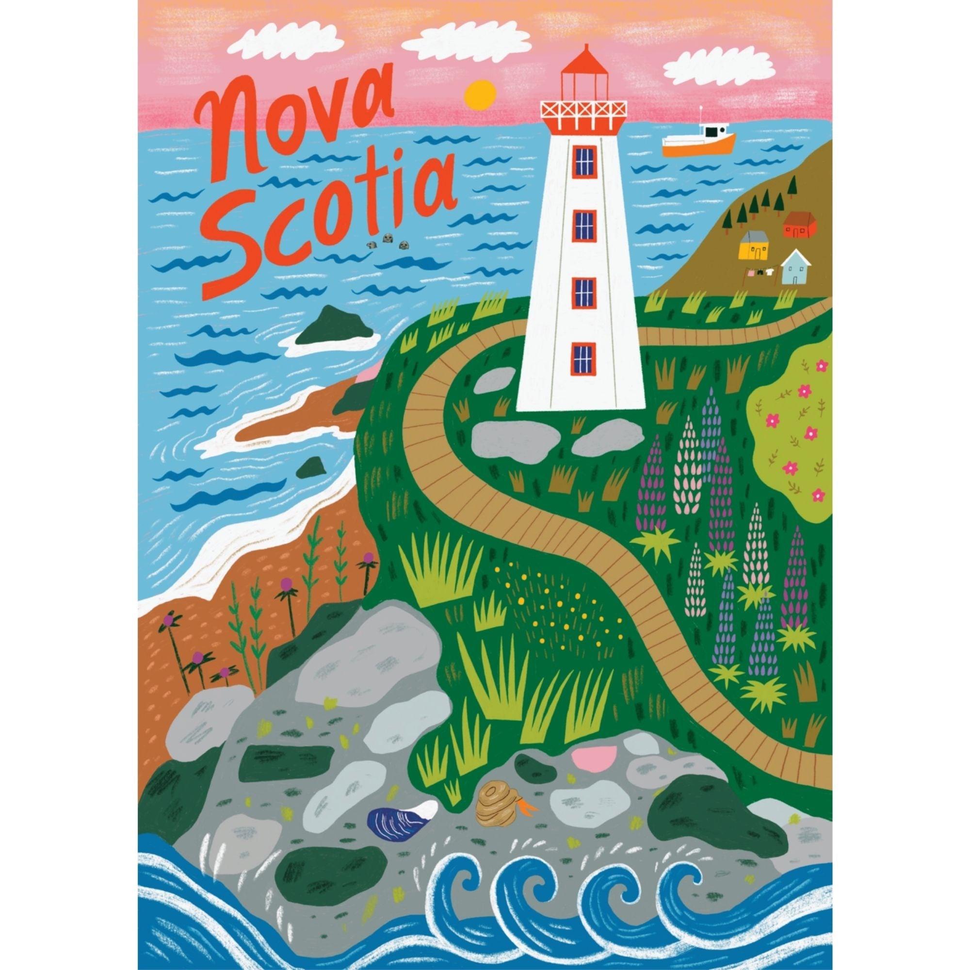 Illustration of a lighthouse in Nova Scotia with colorful landscape and text.
