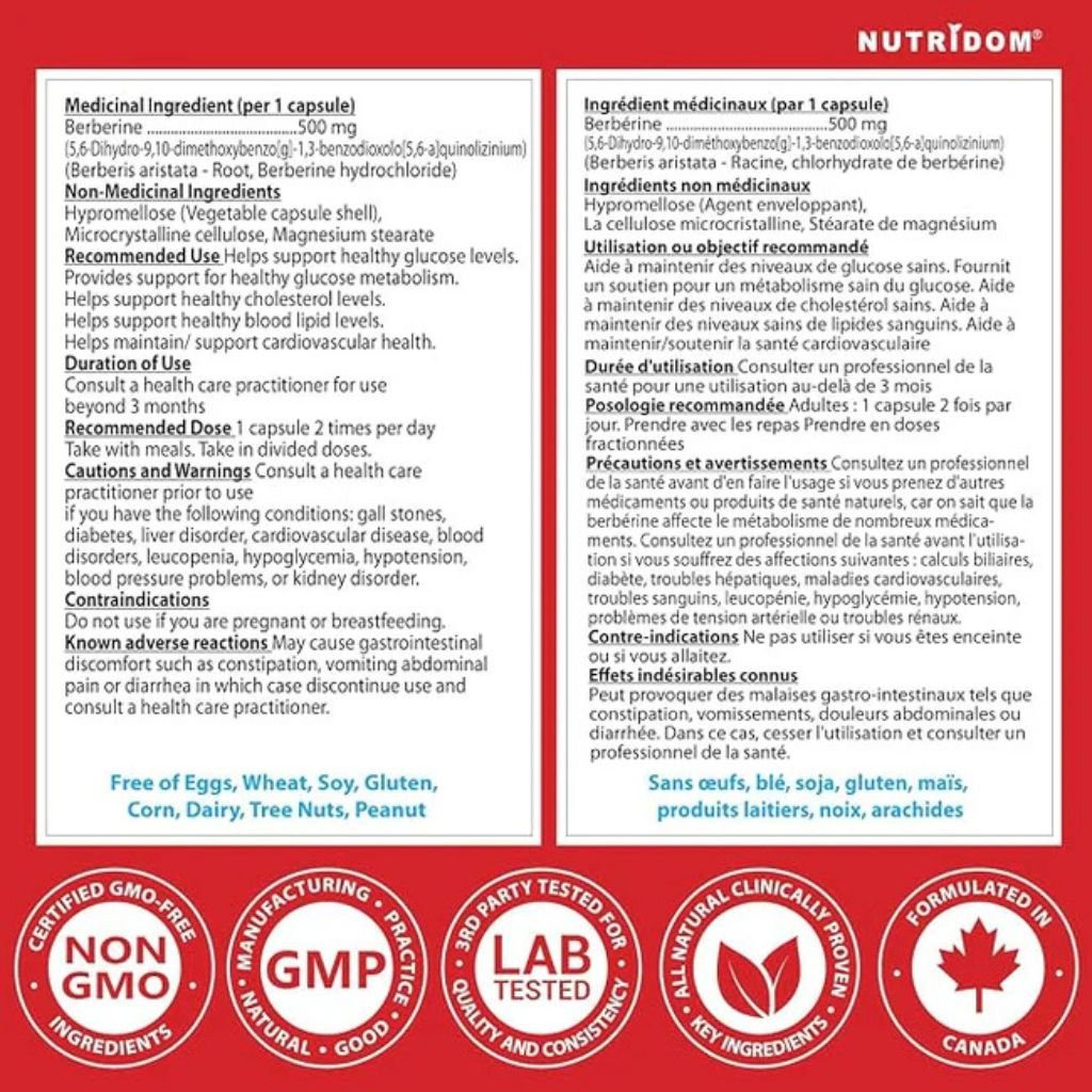 Front and back packaging of a NutriDrom dietary supplement, featuring bilingual English and French text detailing ingredients, dosage, and warnings on a white background with a red header and footer.