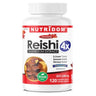 A white plastic bottle of Nutrydom Reishi Mushroom Extract dietary supplement with a white ribbed cap, featuring a white label with red, blue, and black text and a small mushroom image.