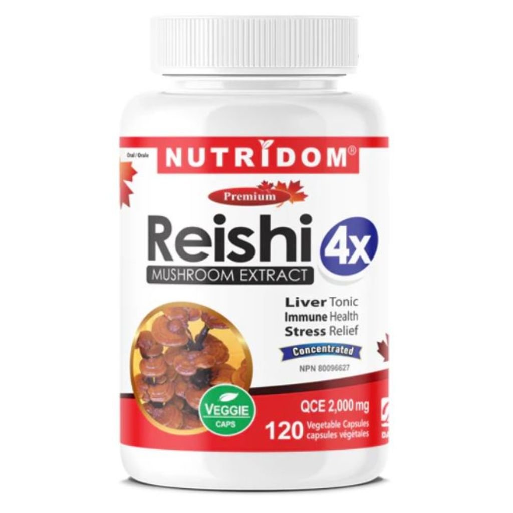 A white plastic bottle of Nutrydom Reishi Mushroom Extract dietary supplement with a white ribbed cap, featuring a white label with red, blue, and black text and a small mushroom image.