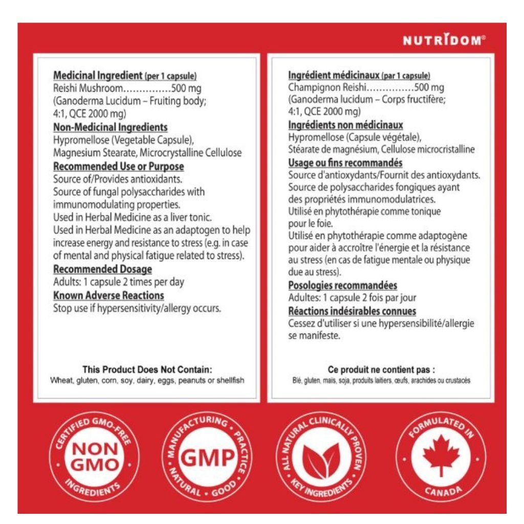 Front and back of a NutriDom Reshish Mushroom dietary supplement package, showing white panels with black text detailing ingredients, dosage, and warnings, framed by a red border with GMP and Non-GMO seals.