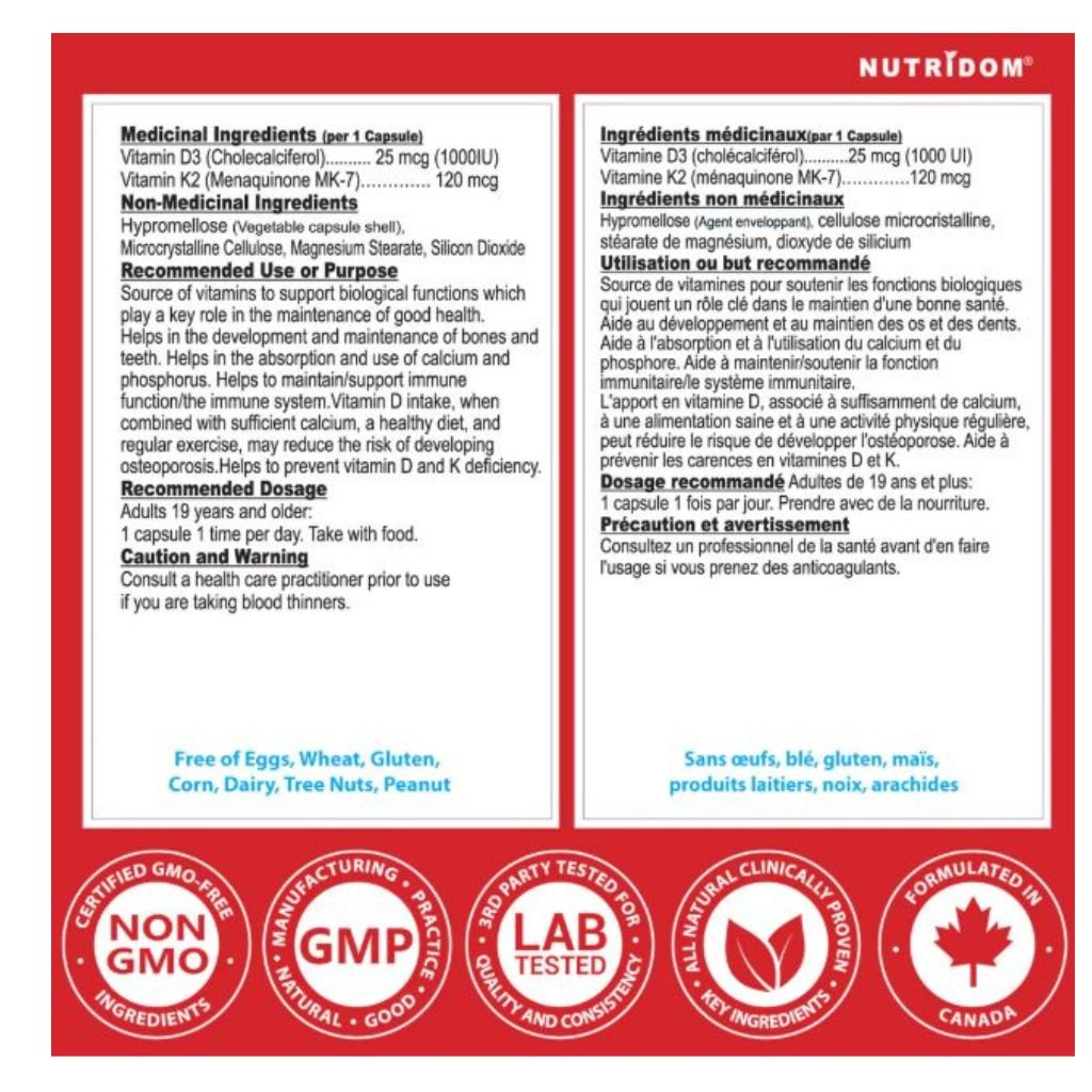 Front and back of a NutriDoom supplement capsule package, showing bilingual English and French ingredient lists, usage, dosage, and certification seals including Non GMO Project, GMP, and Lab Tested.