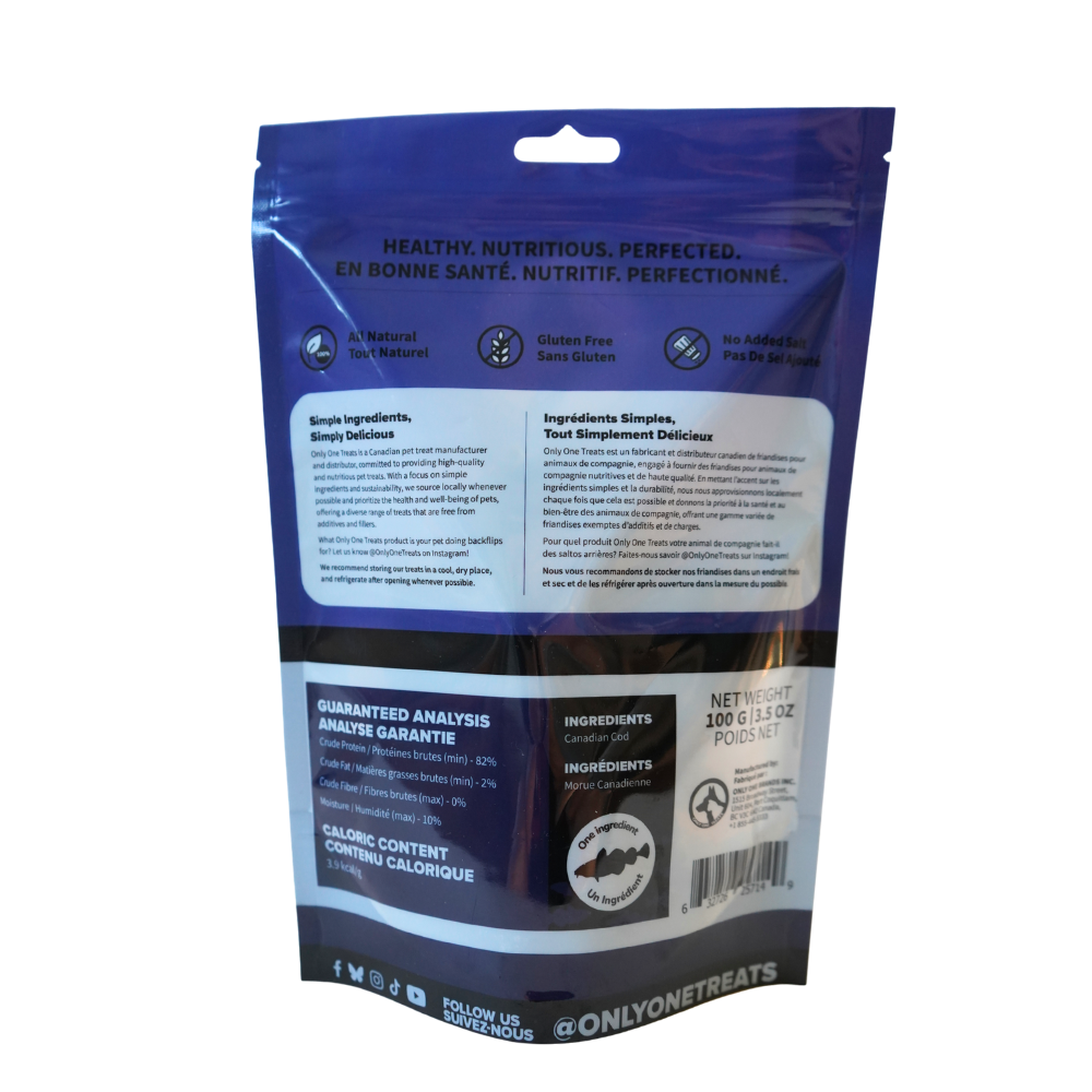 Blue pet treat package with text and branding on a white background