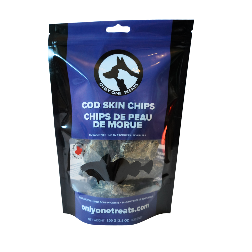 Package of Cod Skin Chips with branding and product details on a white background