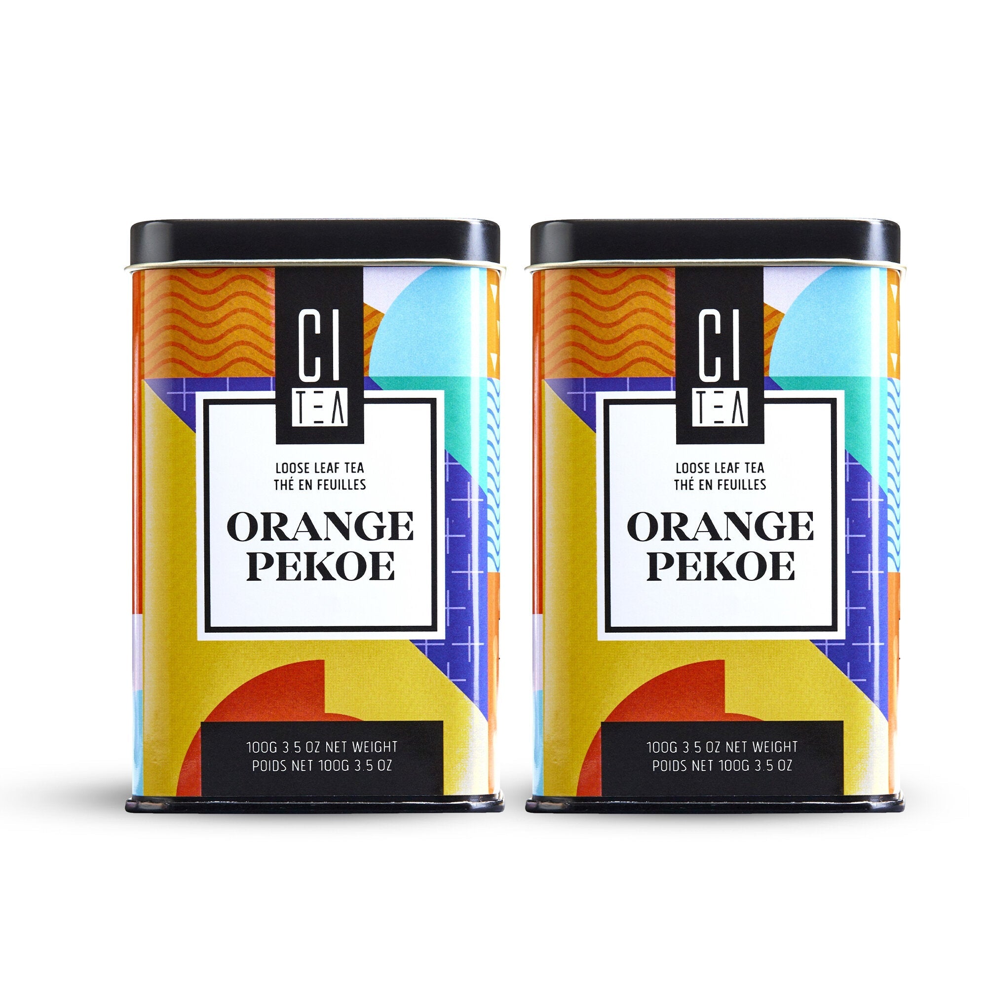 Two cans of CI Tea Orange Pekoe tea on a white background