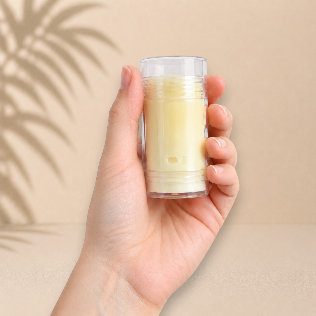 A hand holding a clear cylindrical container filled with pale yellow cream or balm against a warm beige background with soft palm leaf shadows.