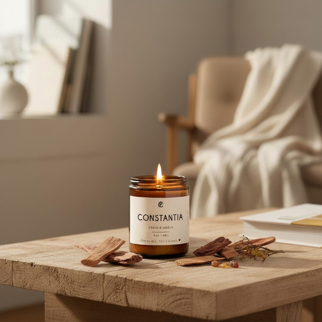 8oz 40 hour Soy Candle CONSTANTIA – Cedar & Amber | La Sultana Savonnerie lit