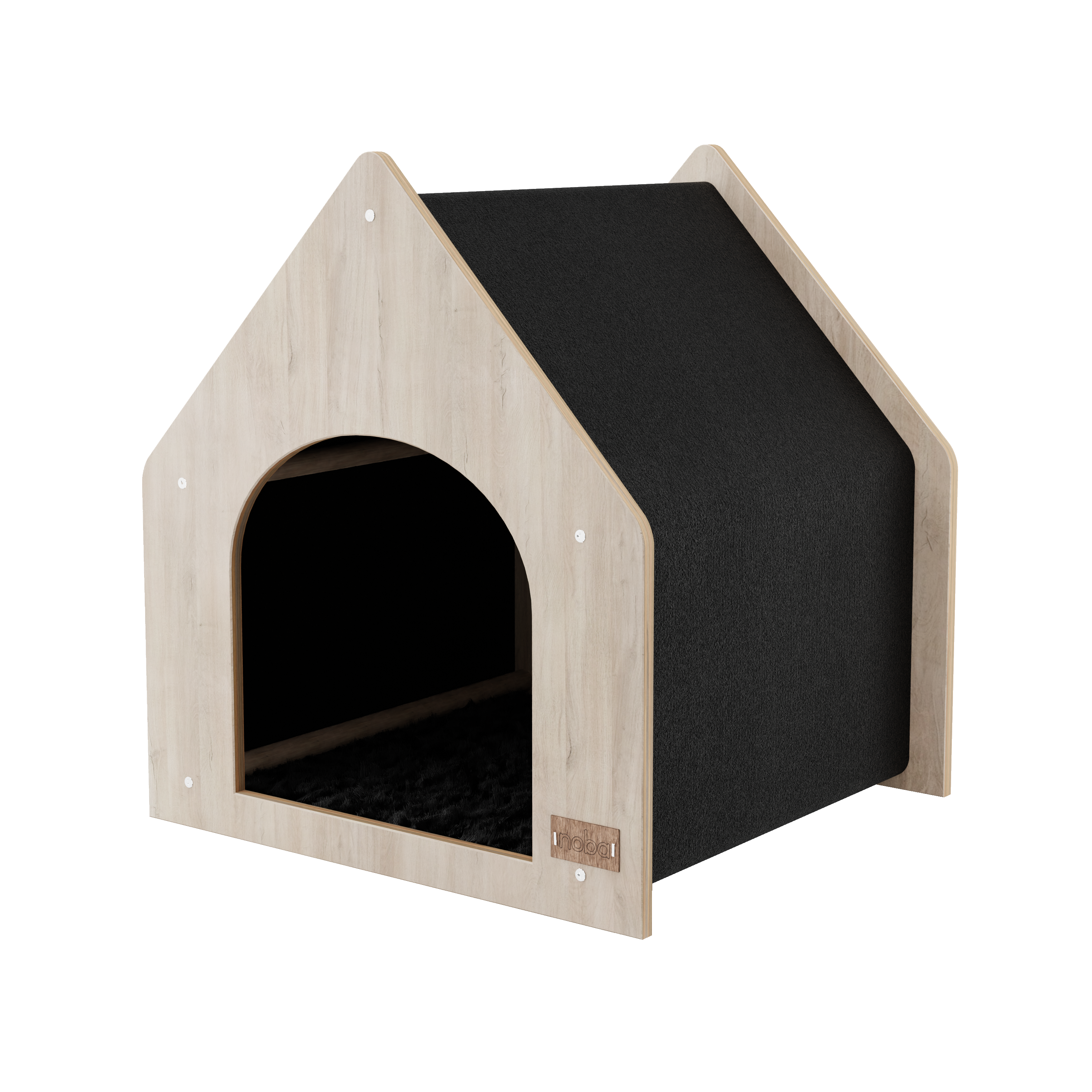 Dog house with black interior and light wood exterior on a white background