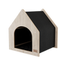 Dog house with black interior and light wood exterior on a white background