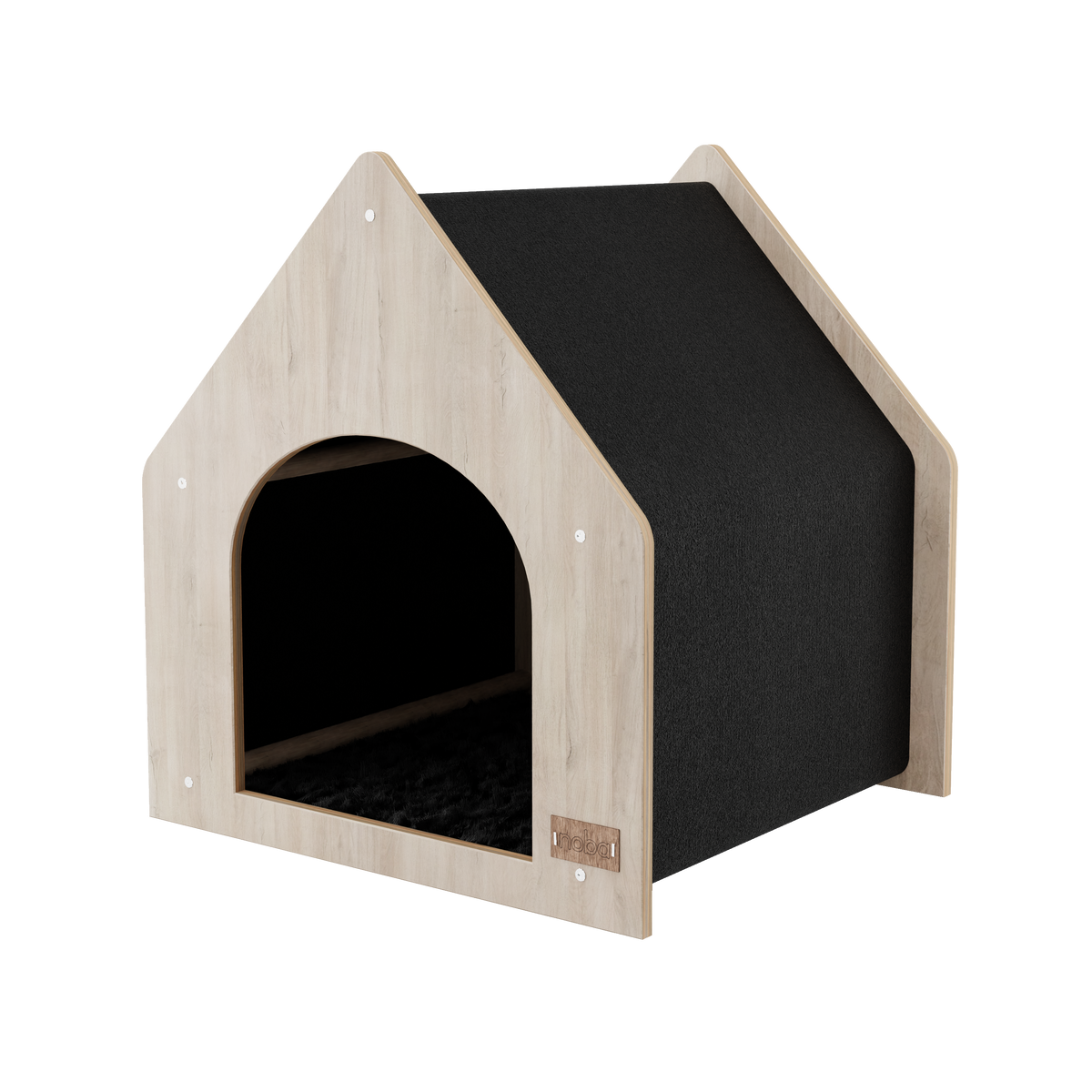 Dog house with black interior and light wood exterior on a white background