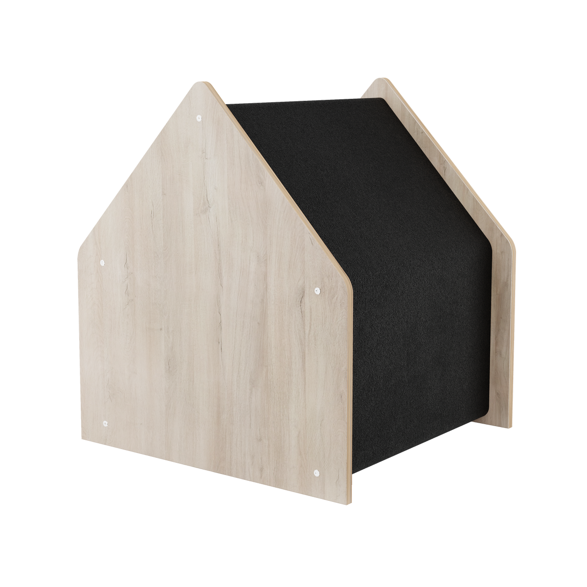 Wooden pet house with a black interior on a white background