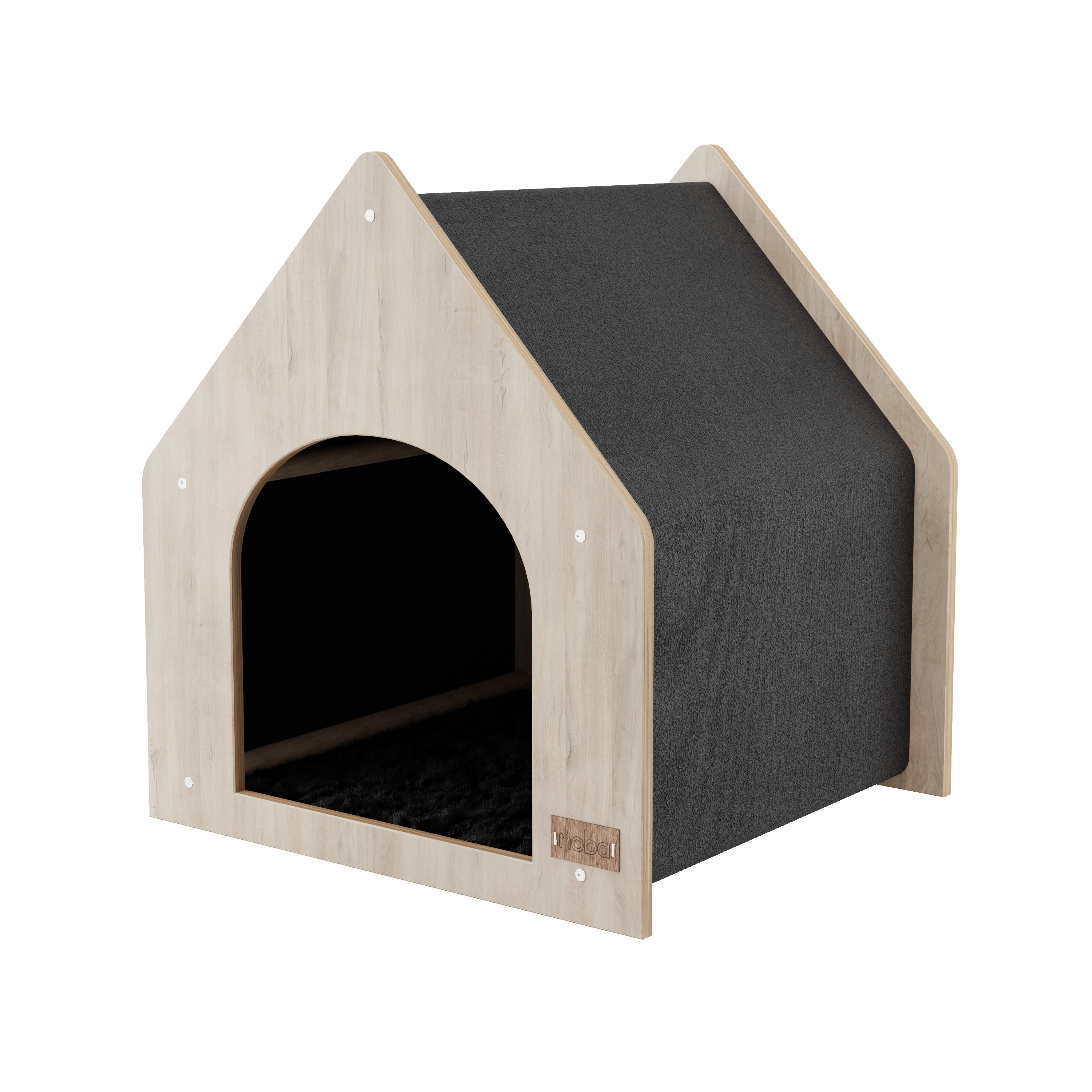 Dog house with gray interior and wooden exterior on a white background