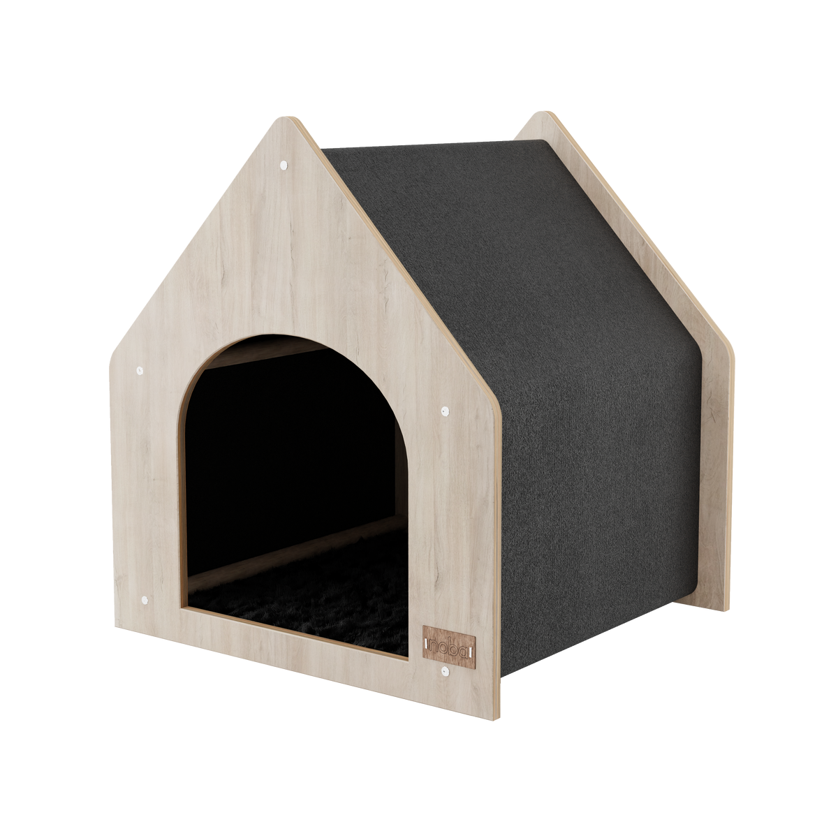 Dog house with gray interior and wooden exterior on a white background