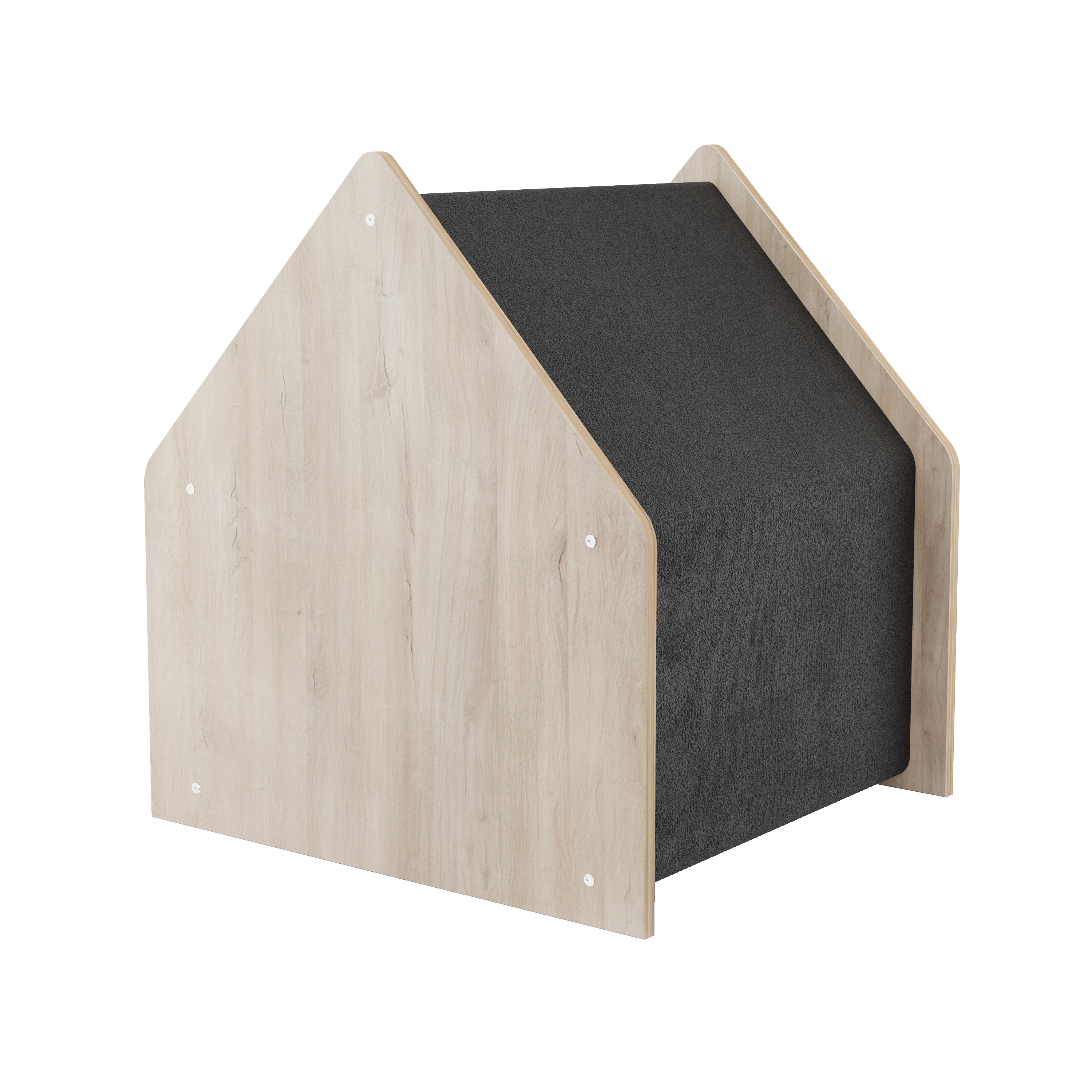 Wooden pet house with a dark gray cushion on a white background