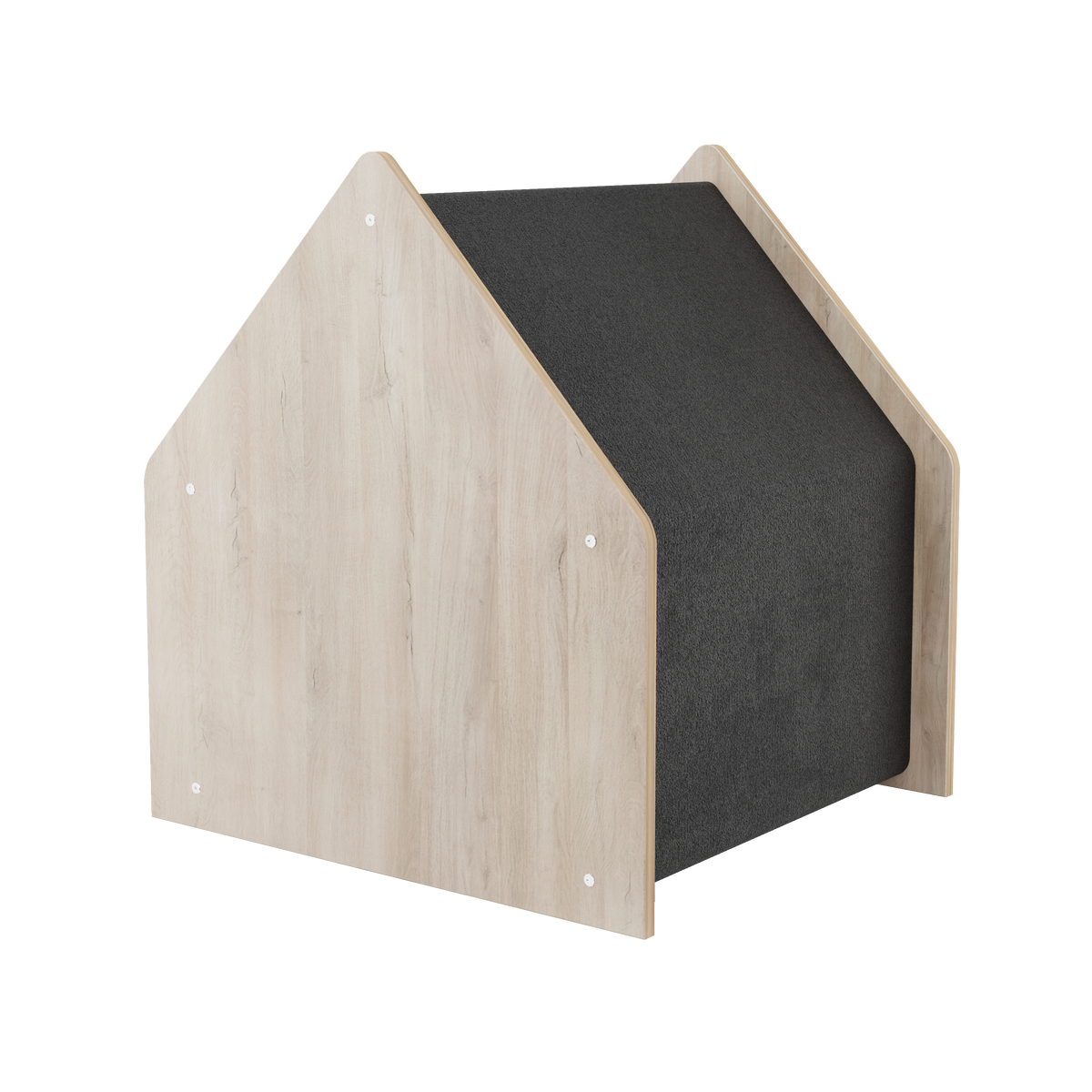 Wooden pet house with a dark gray cushion on a white background