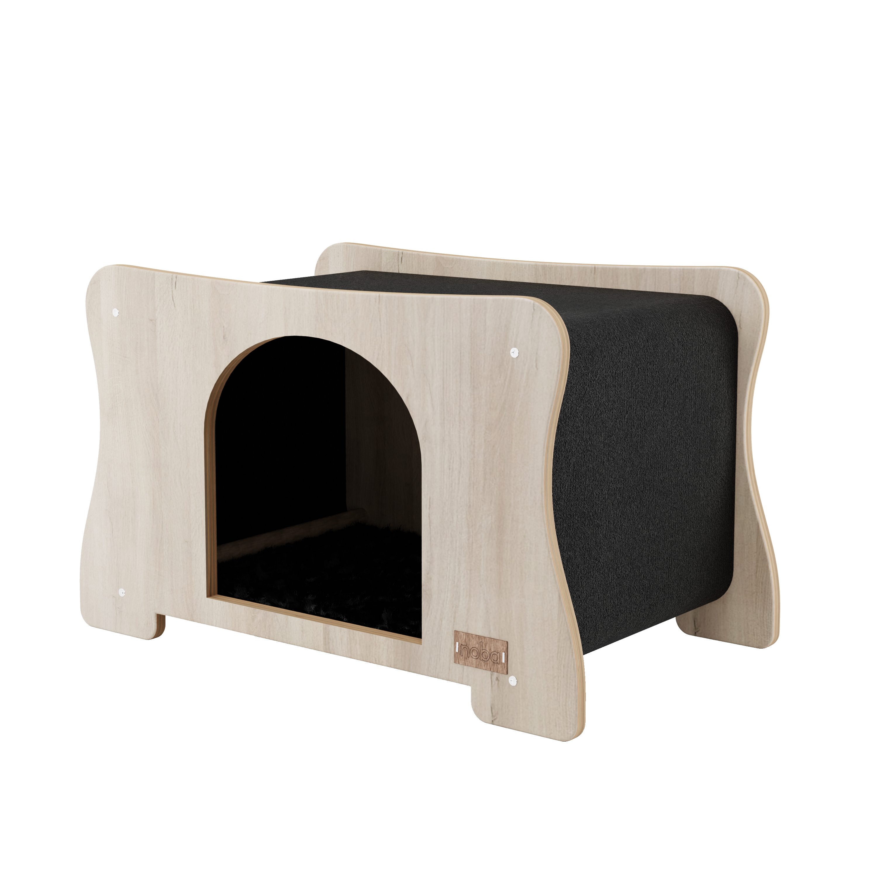 Wooden pet house with black interior on a white background