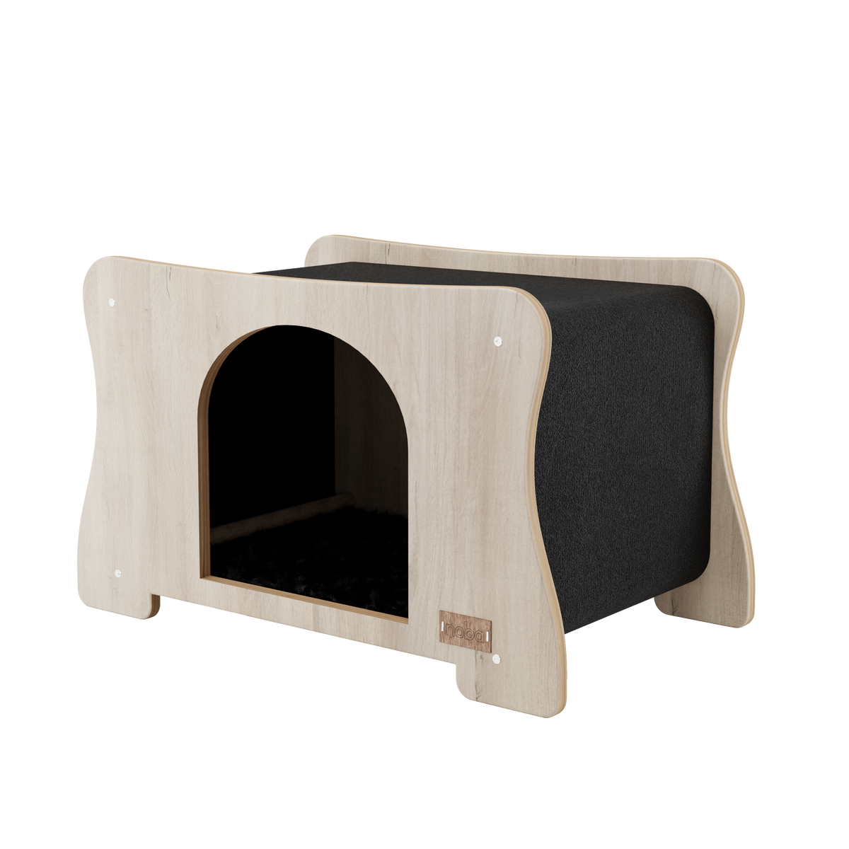Wooden pet house with black interior on a white background