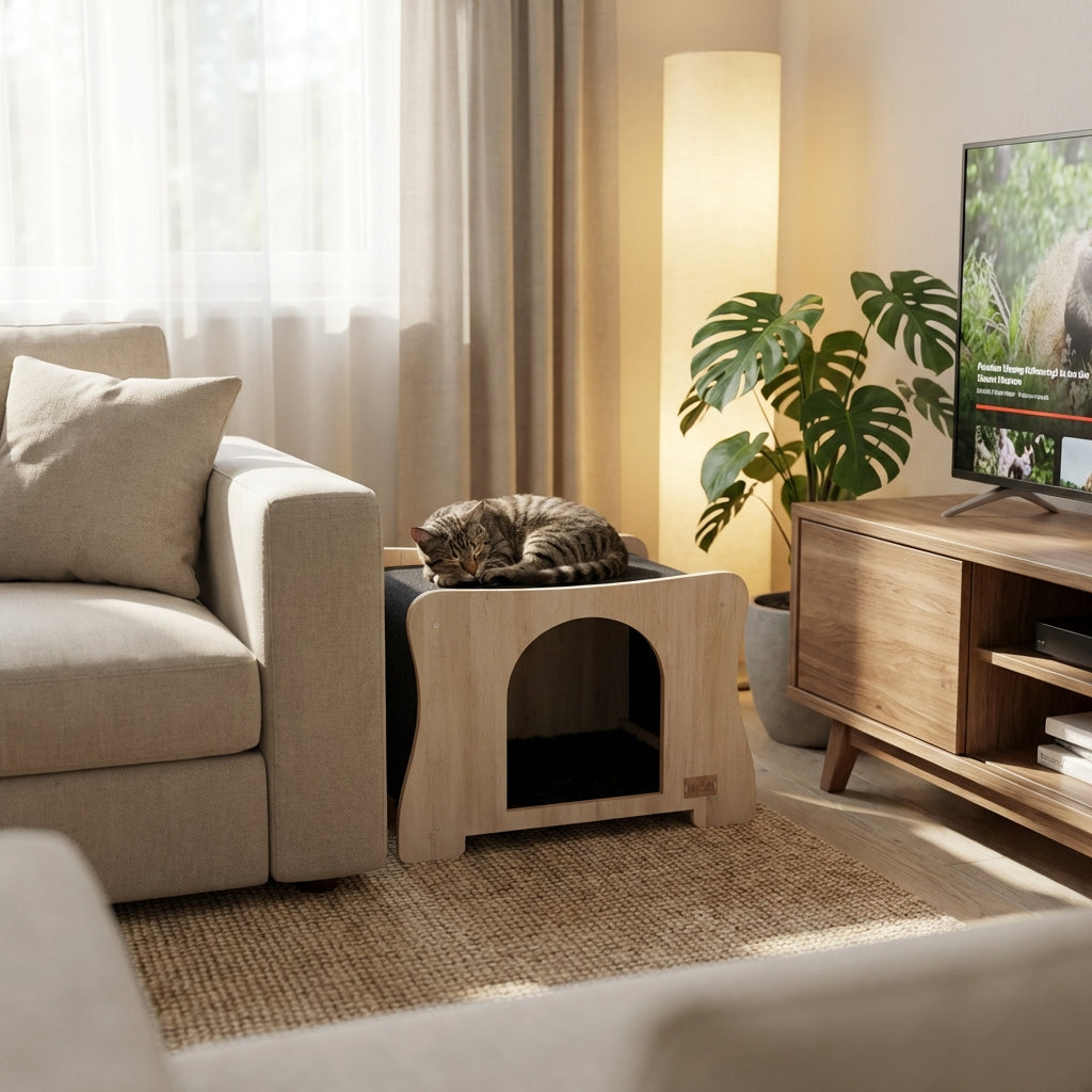 A small wooden cat bed with a rounded arch opening sits beside a beige sofa in a softly lit living room. A cat is curled up asleep on top of the bed.