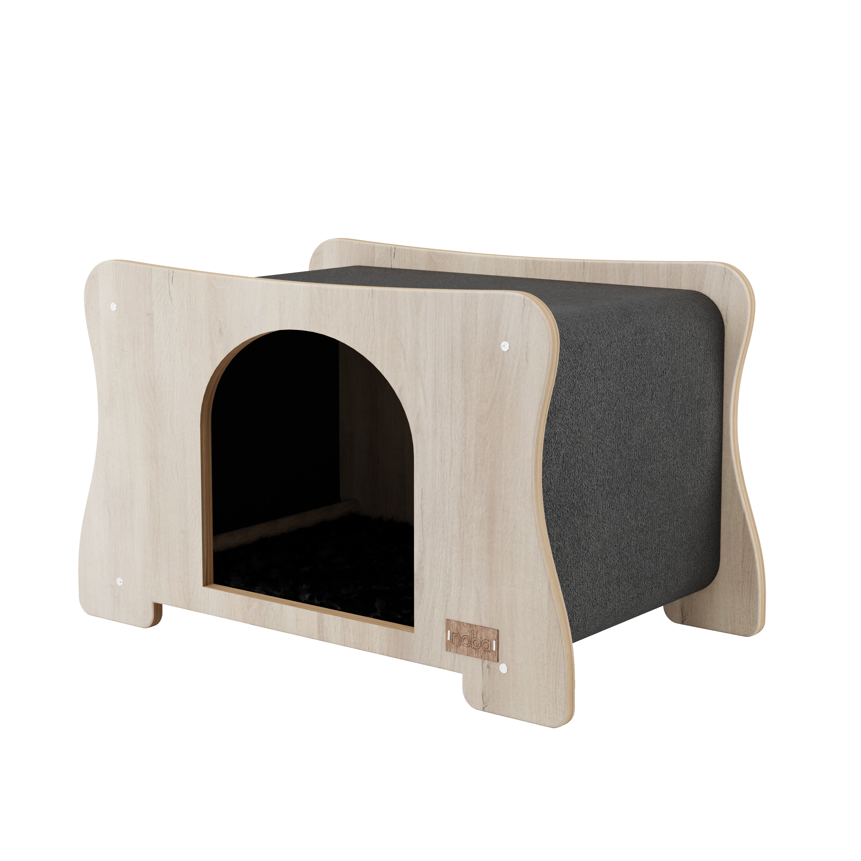 Pet house with wooden exterior and gray interior on a white background