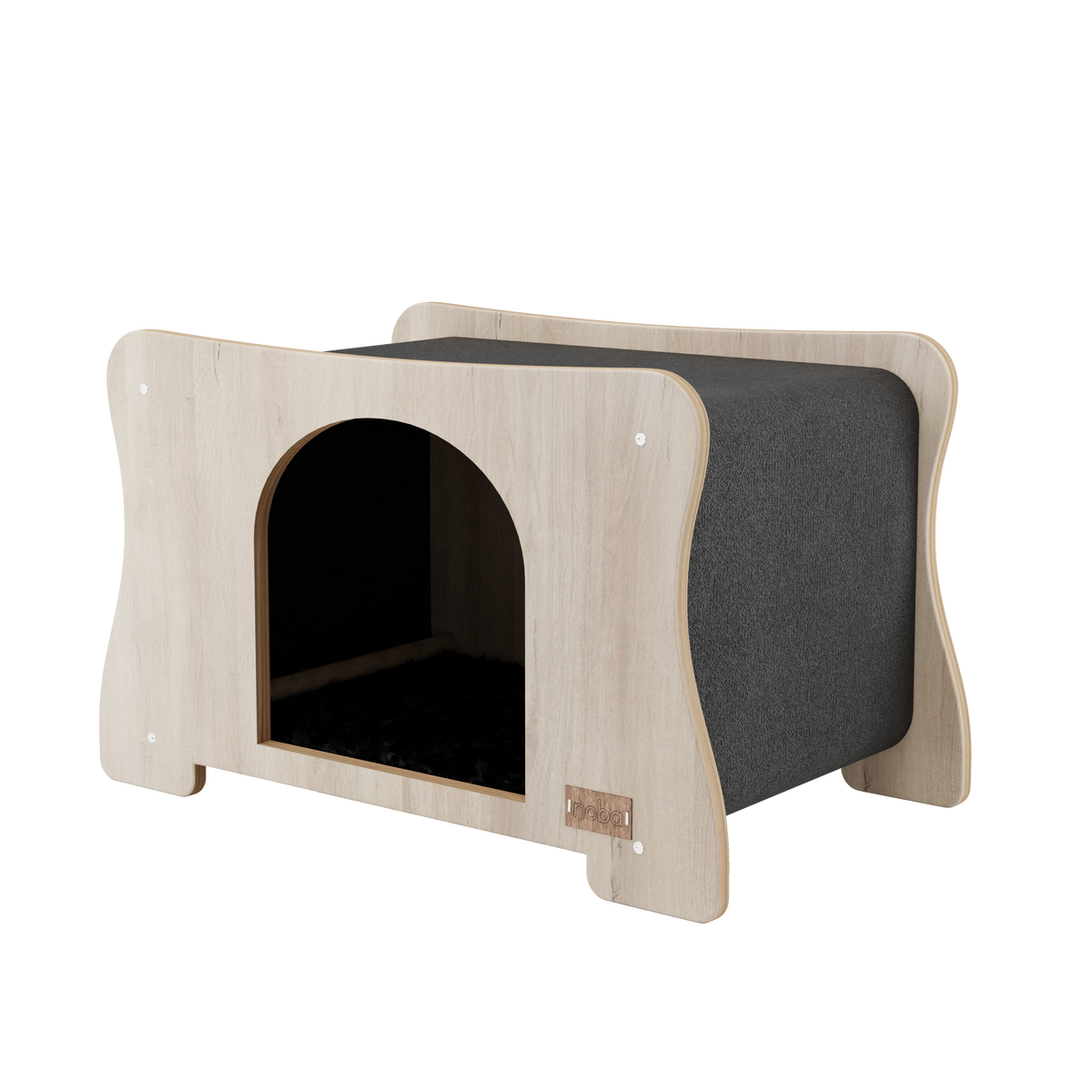 Pet house with wooden exterior and gray interior on a white background