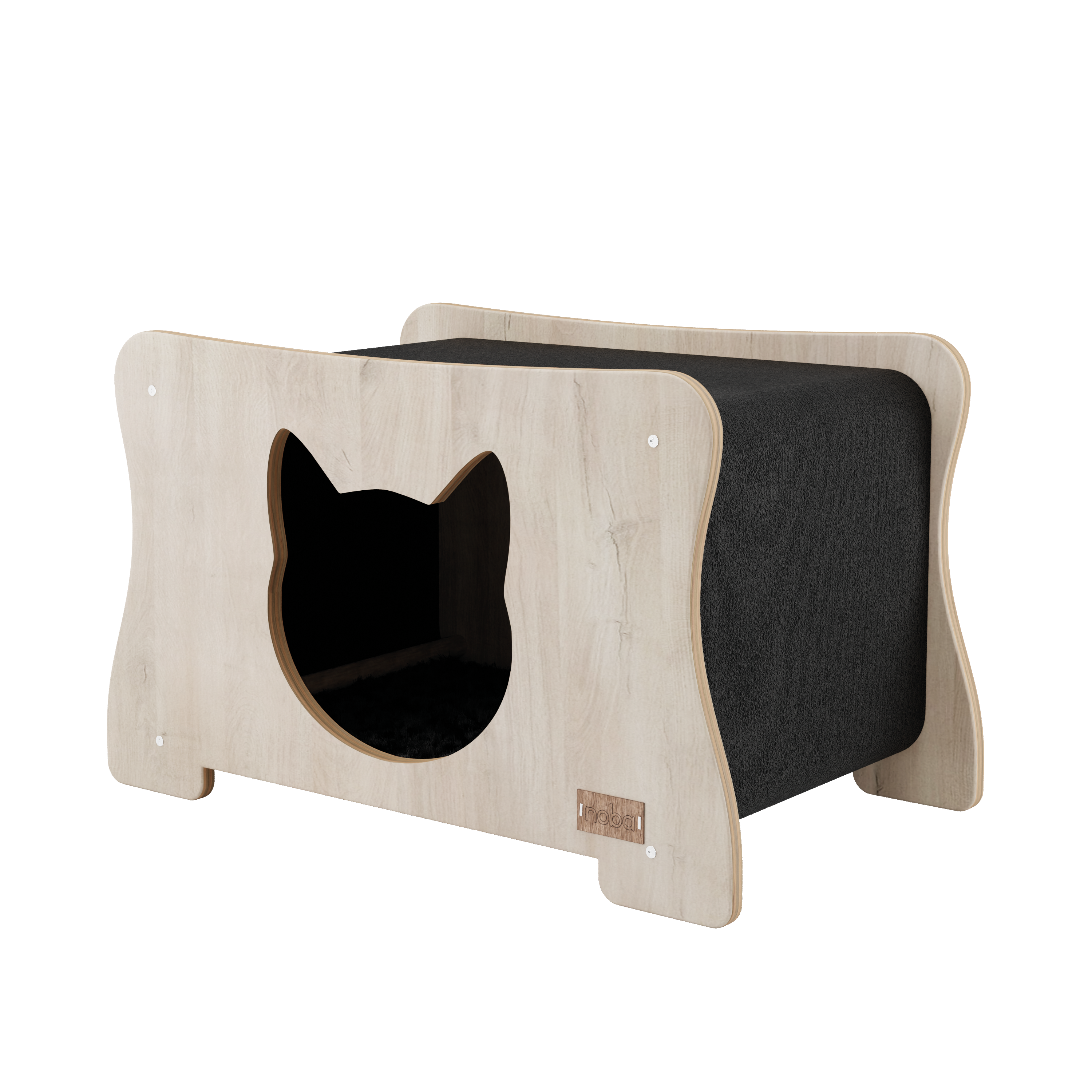 Cat-shaped wooden shelf with black interior on a white background