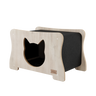 Cat-shaped wooden shelf with black interior on a white background